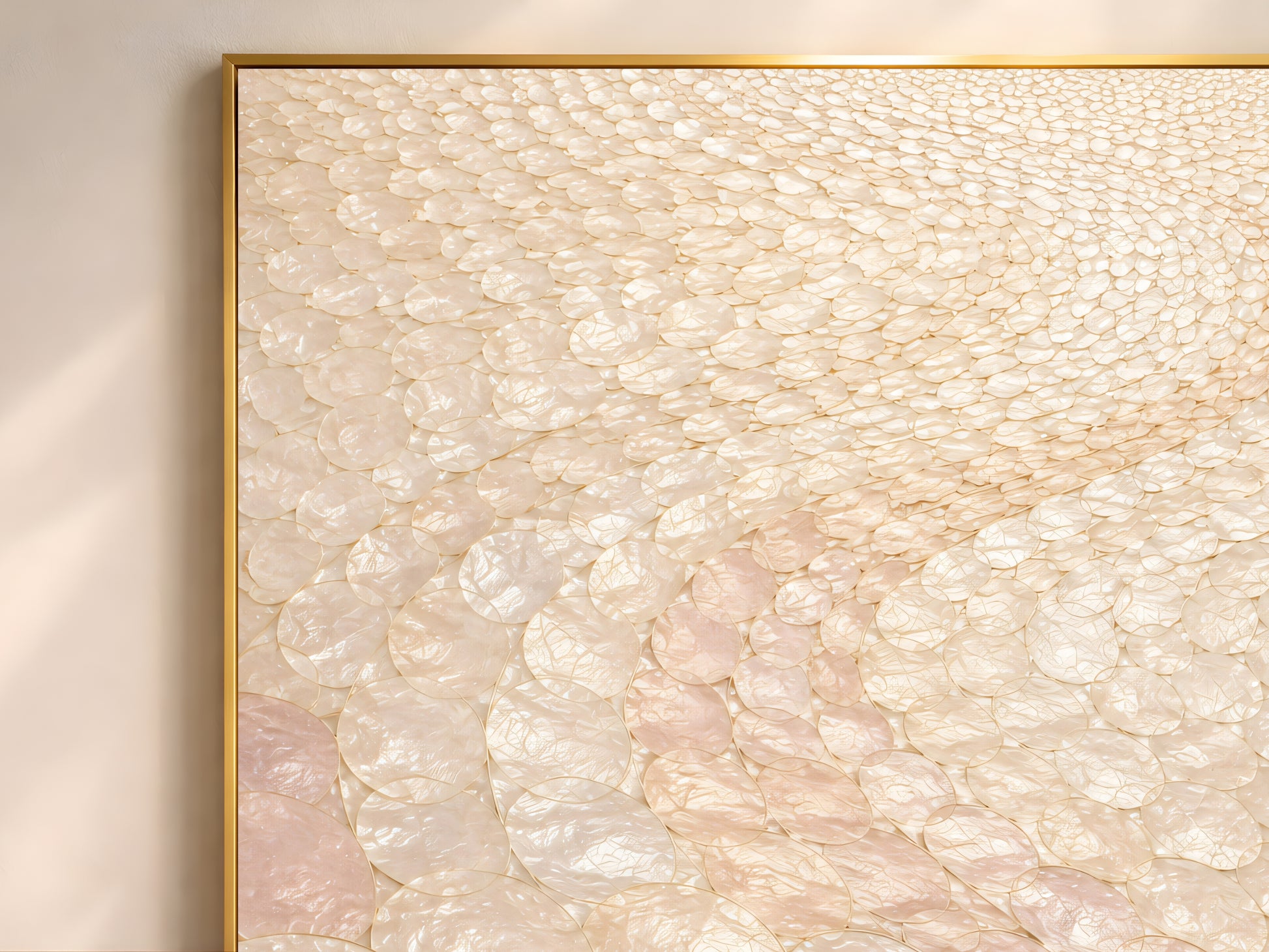 Blush capiz shell wall art in wide gold frame, pearl mosaic texture closeup
