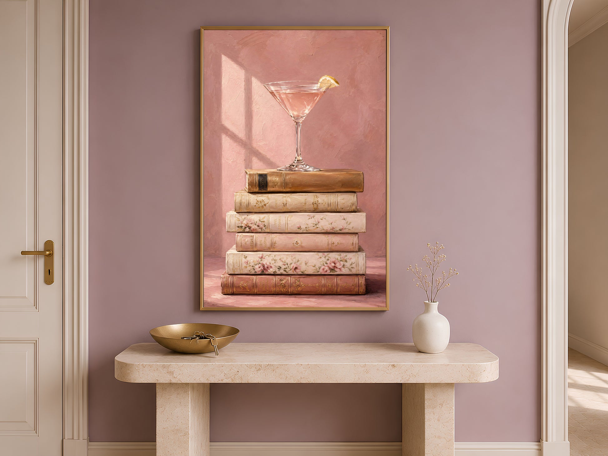 Framed martini still life print above console table in entryway wall decor