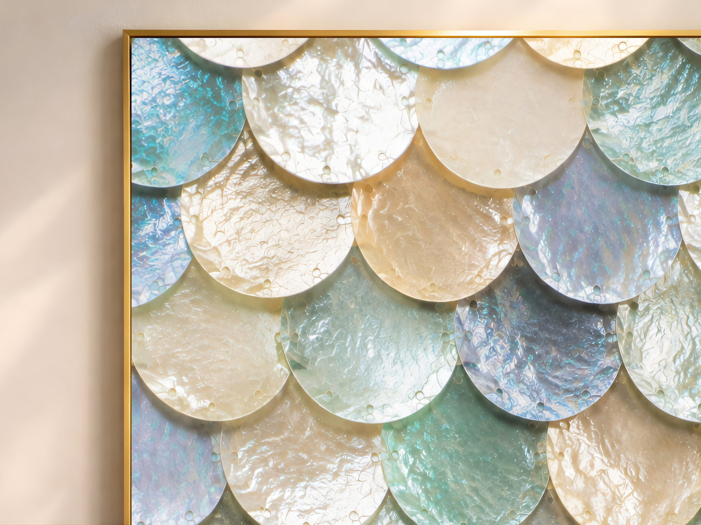 Close-up of moonstone mermaid scale print showing frosted silver, ivory, and icy blue scalloped texture