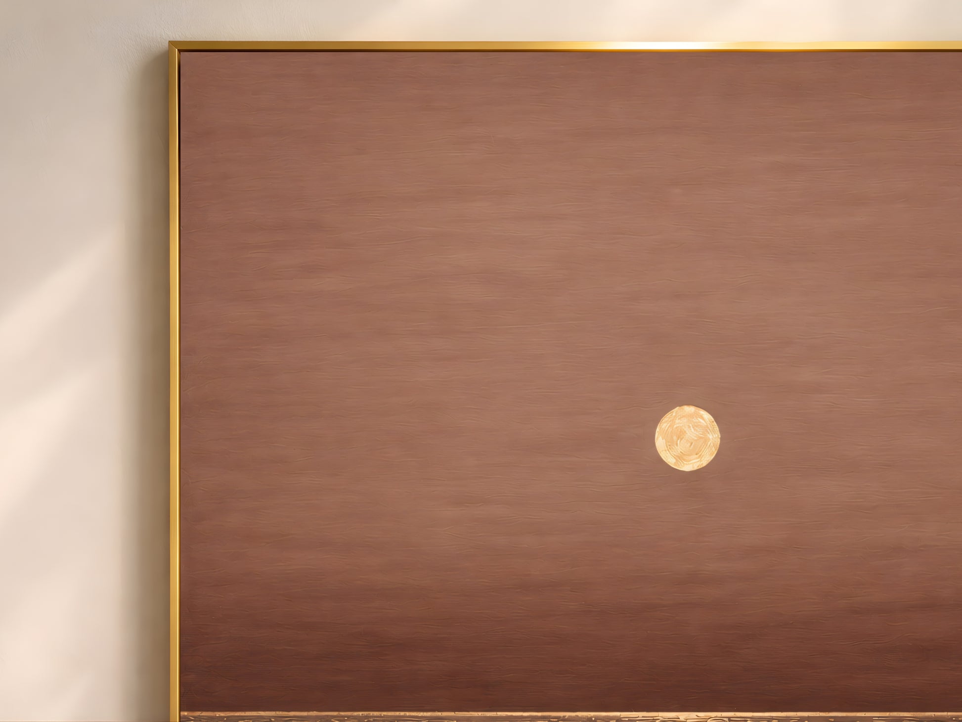 Golden moon ocean wall art in gold frame, brown and gold impasto seascape closeup

