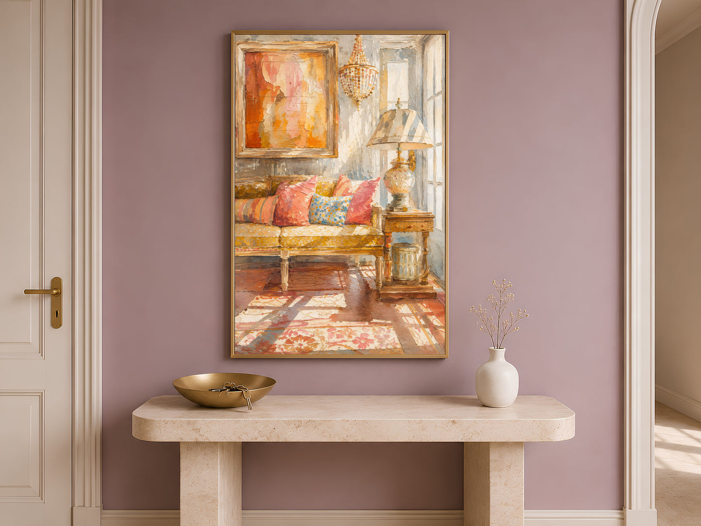 Terracotta and coral abstract wall art in a gold frame above a console table with a decorative bowl, warm impasto entryway decor
