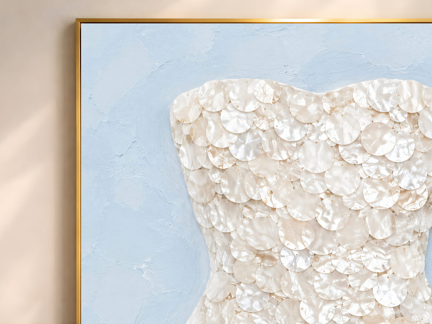 Close-up detail of iridescent mother of pearl paillettes and silky fringe on the framed art print.