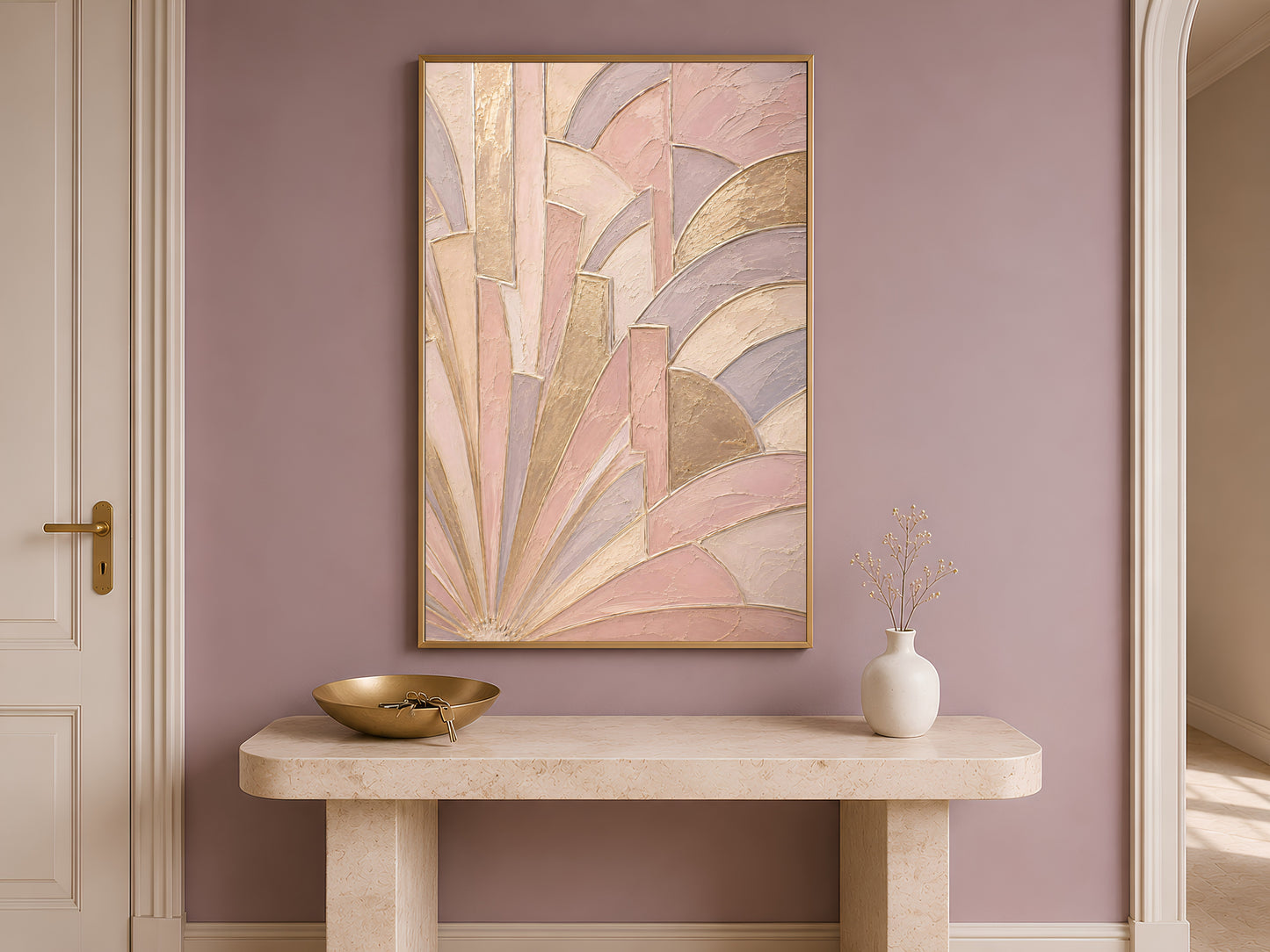 Framed art deco sunburst print above console table, blush pink and gold textured wall art