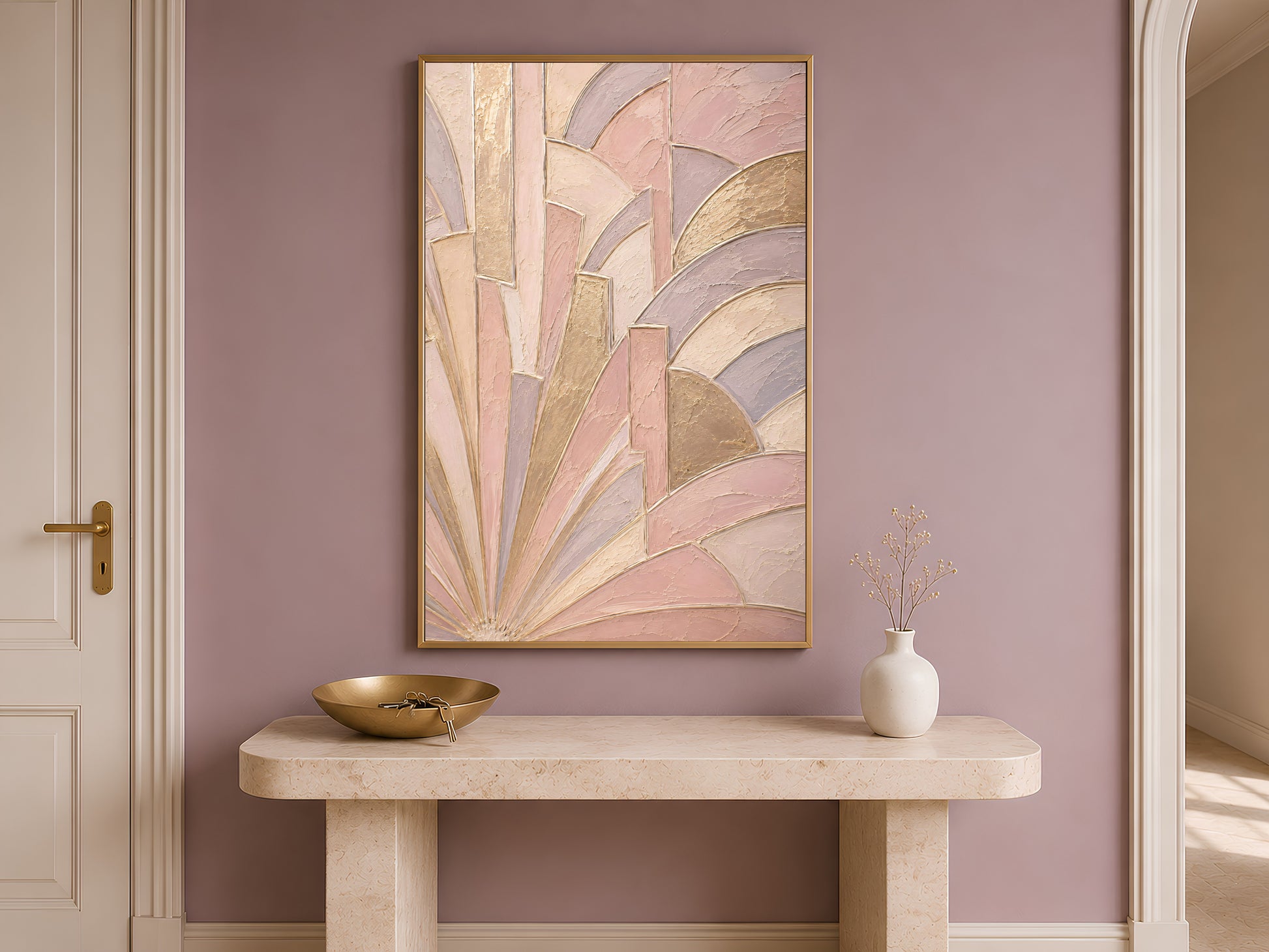 Framed art deco sunburst print above console table, blush pink and gold textured wall art