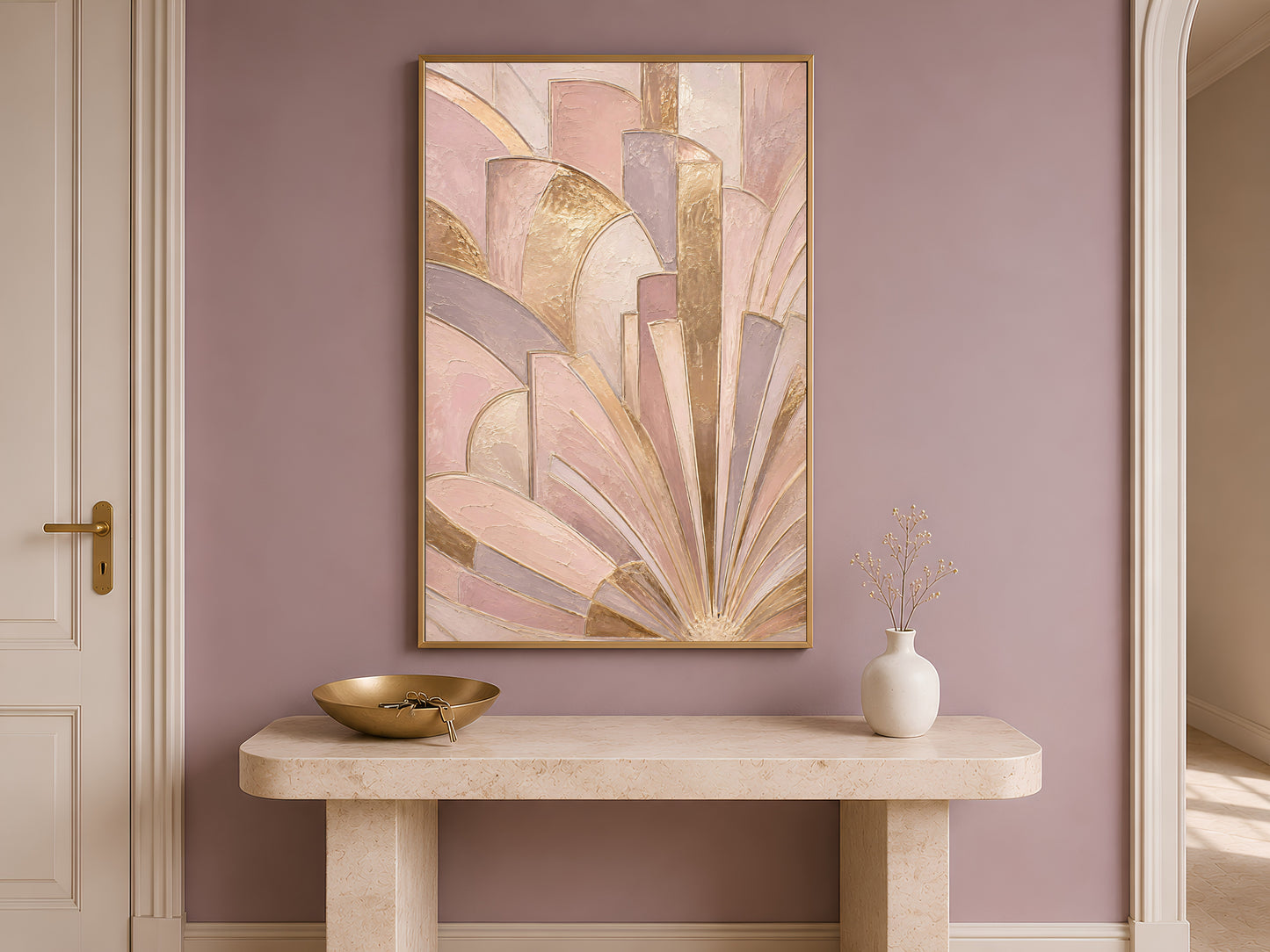 Framed art deco fan print above console table, blush pink and gold textured wall art
