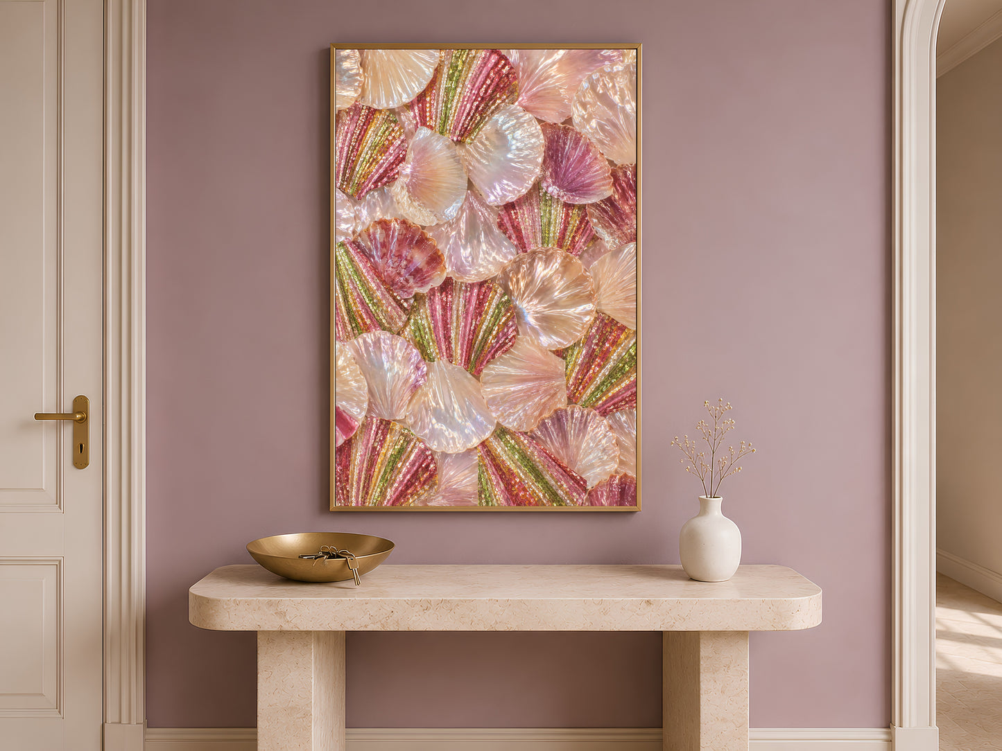 Iridescent shell wall art hung above an entryway console table, glam pearlescent seashell painting for coastal home decor
