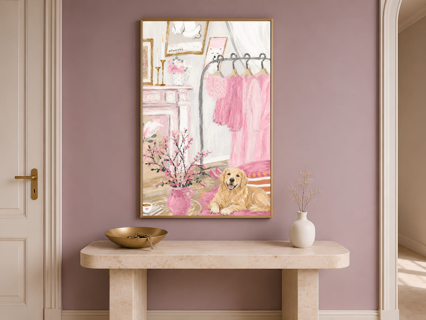 Golden retriever wall art framed above an entryway console table, pink boudoir decor
