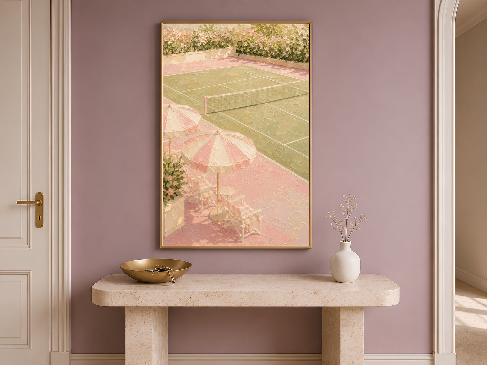Framed pink tennis court print above console table, preppy impasto painting wall art
