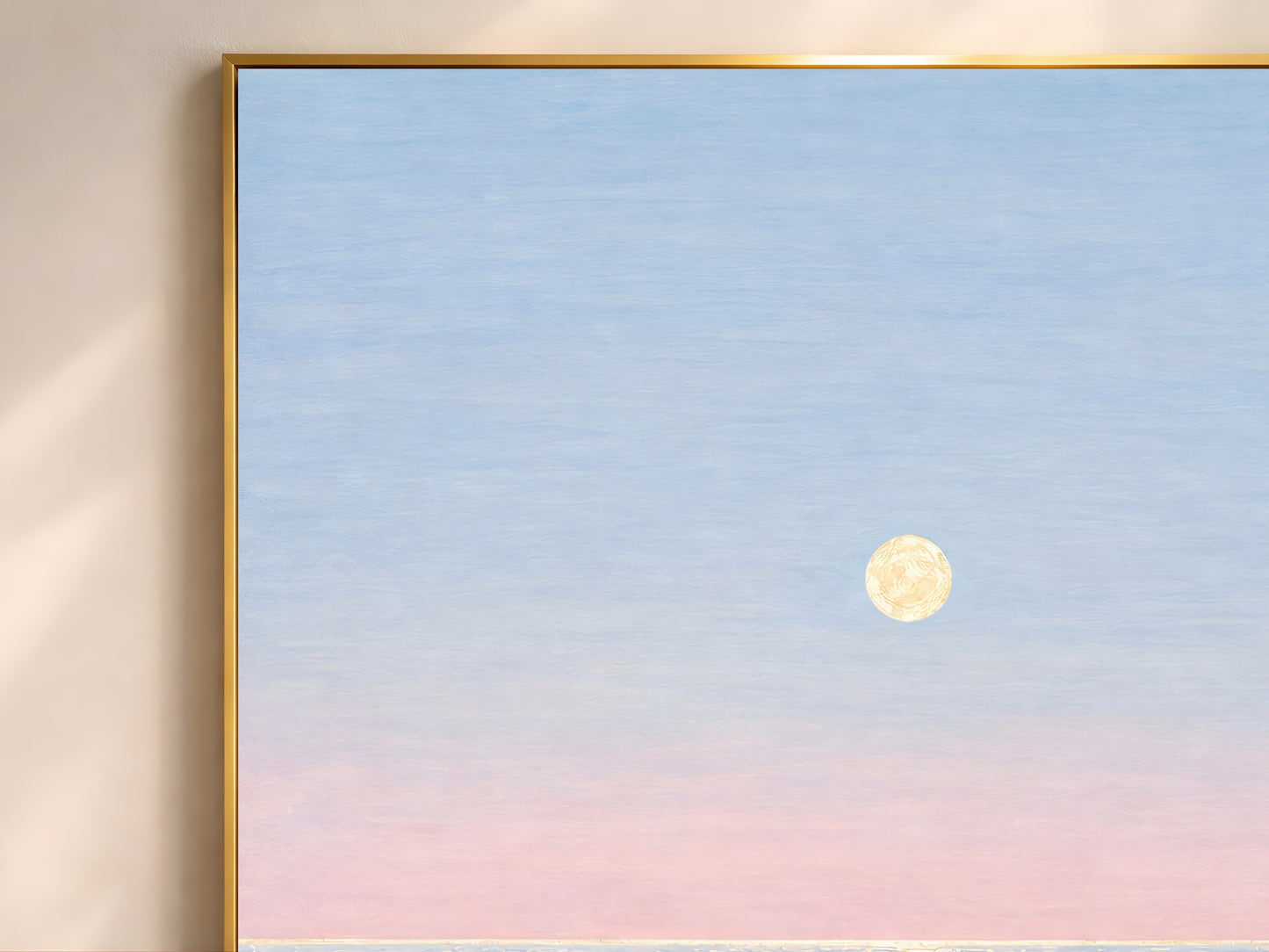 Pastel moon ocean wall art in wide gold frame, blue and pink moonlit seascape closeup

