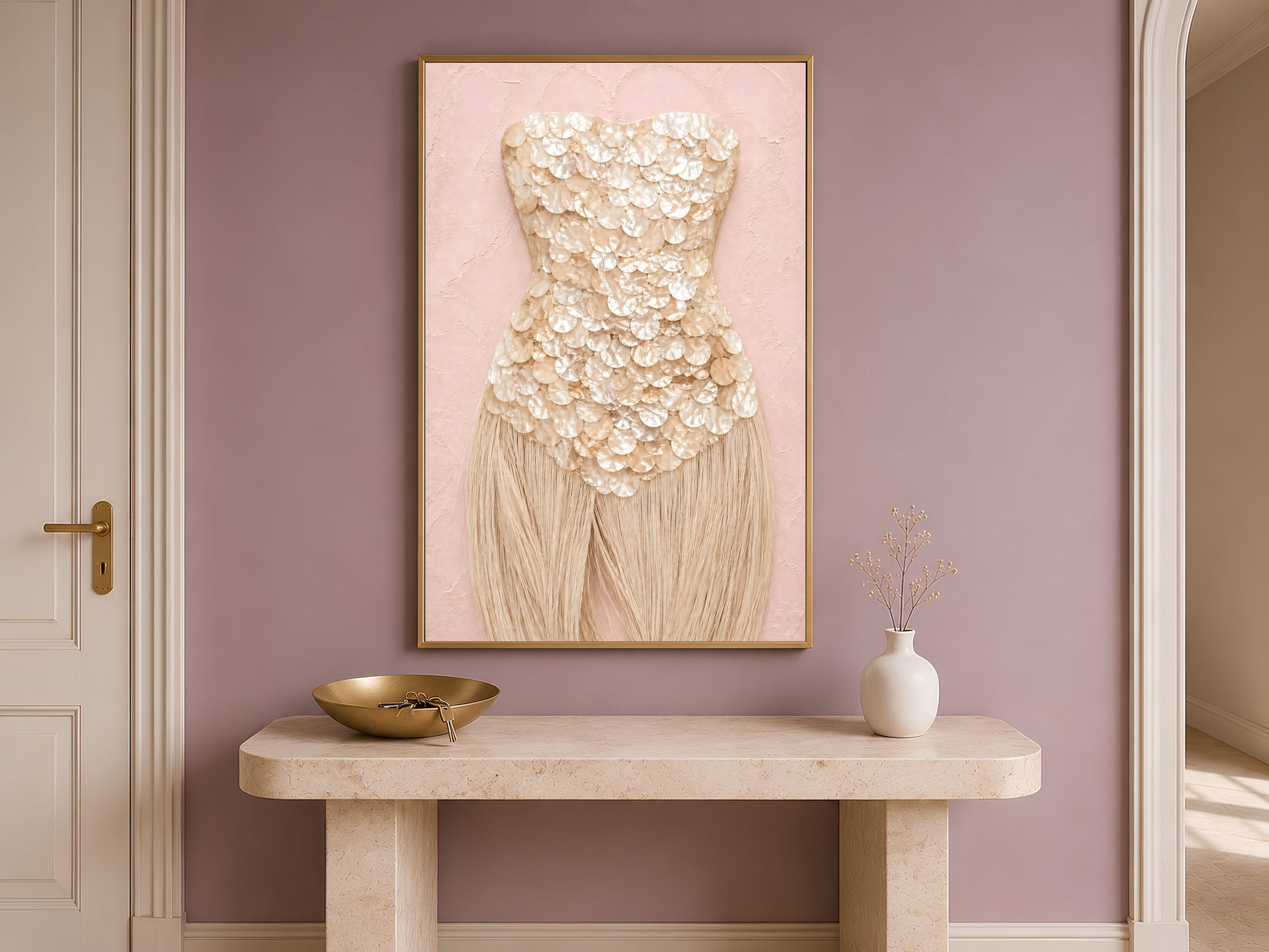 Champagne mother of pearl wall art framed in gold, displayed on a console table in a mauve entryway.