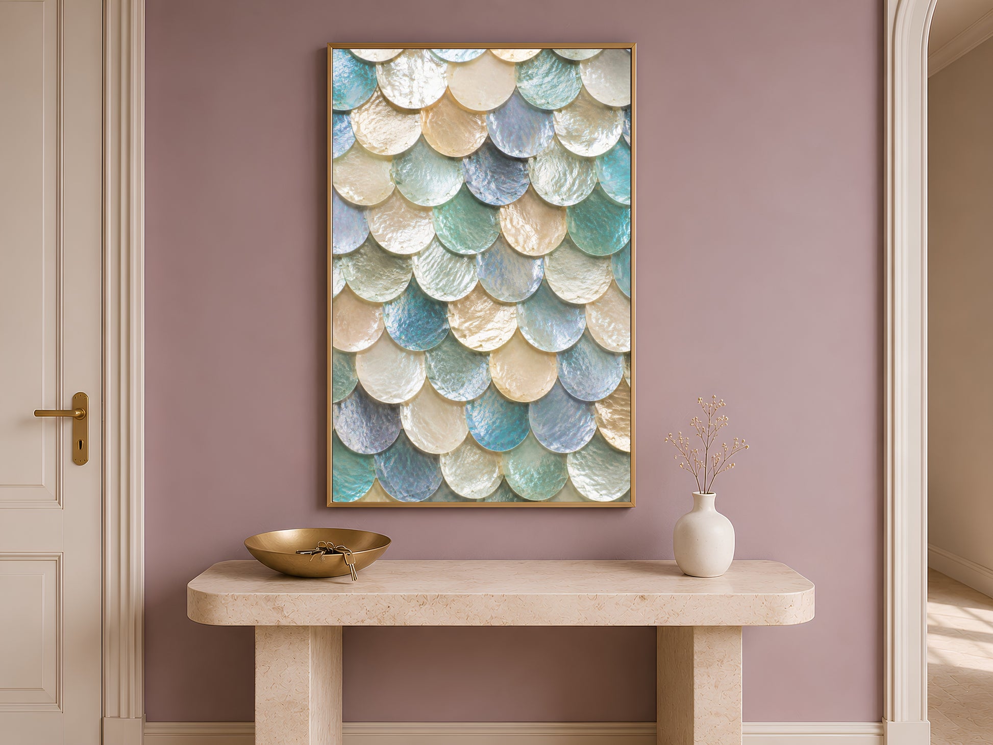 Moonstone mermaid scale wall art framed above a console table in a warm entryway