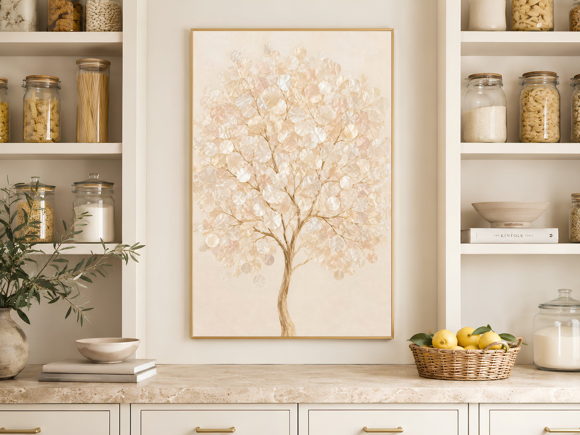 Capiz shell tree art framed on a kitchen wall beside open shelving and pantry jars