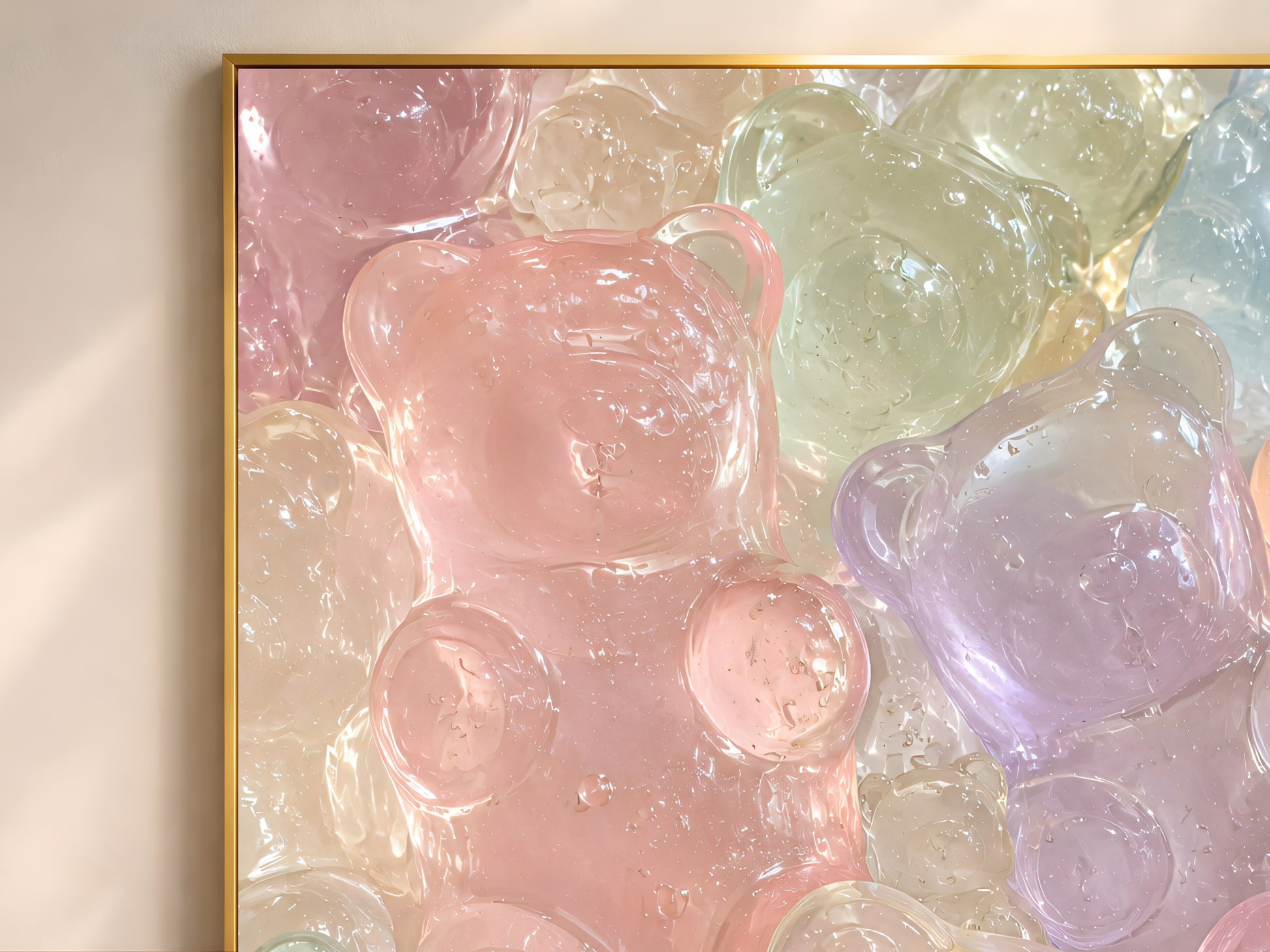 Close Up Detail of Pink Glass Bear Wall Art, Translucent Pastel Gummy Bear Sculpture Print