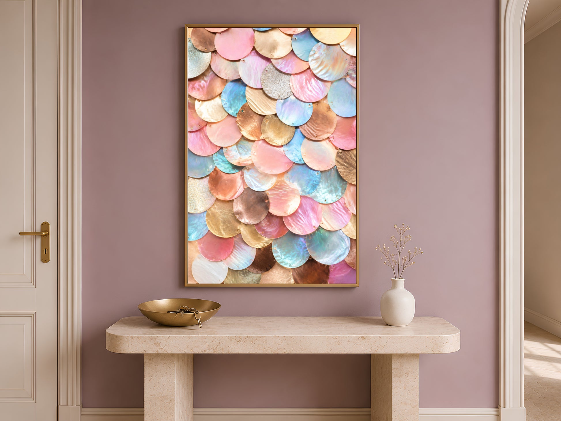 Jewel tone mermaid scale wall art framed above a console table in a warm entryway