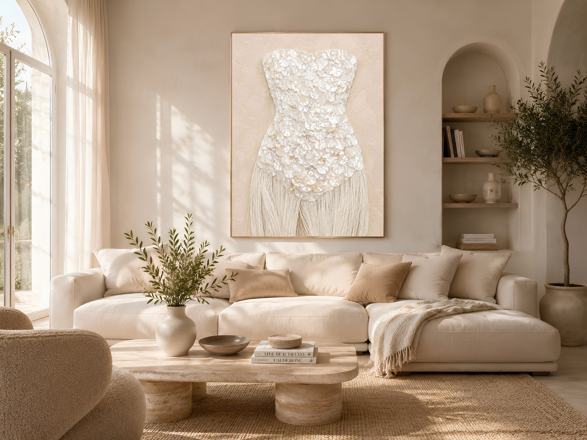 Sand beige mother of pearl wall art framed in gold, styled above a cream sofa in a bright living room.