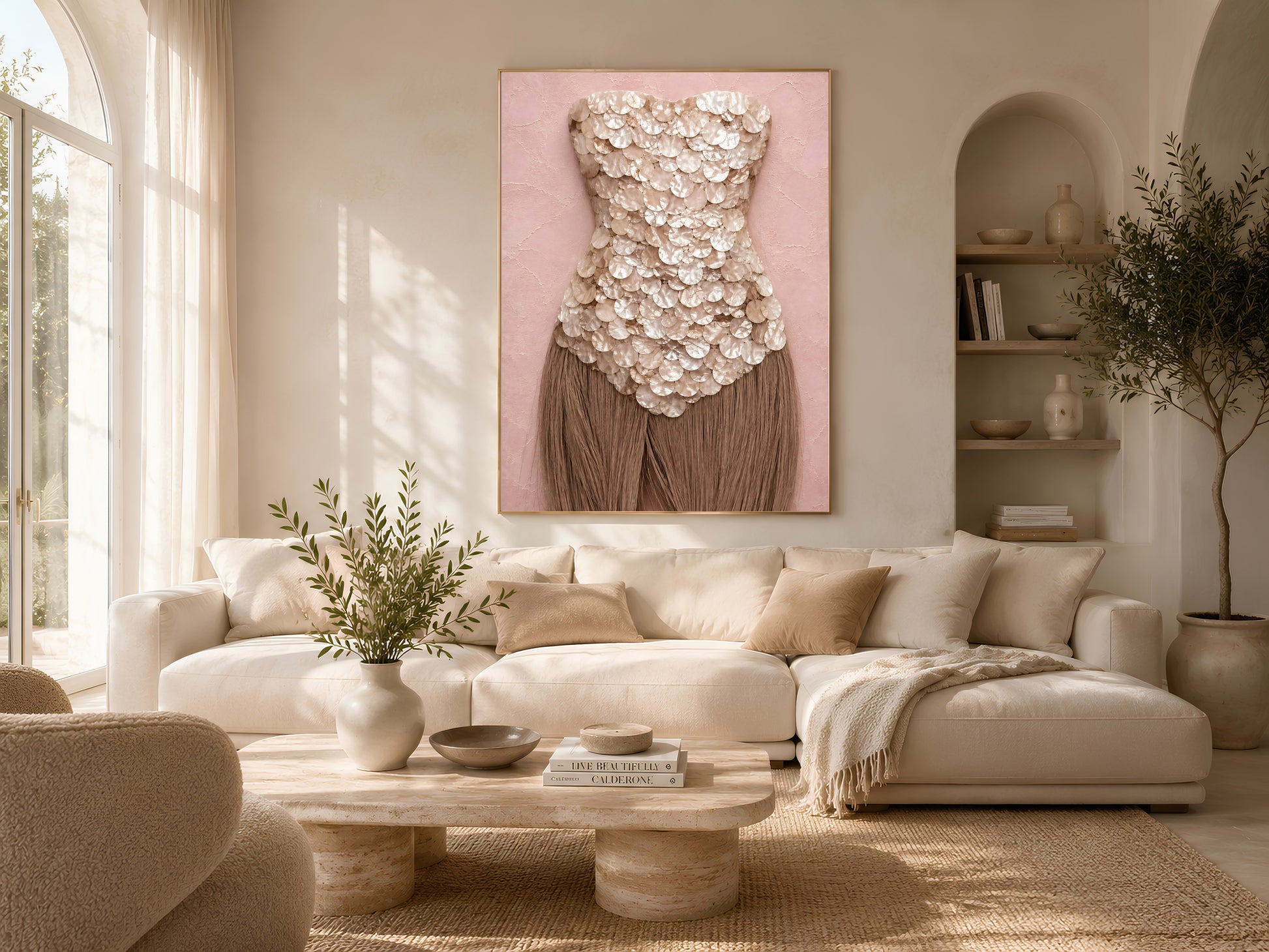 Framed mother of pearl textural art print styled above a cream boucle sofa in a bright neutral living room.