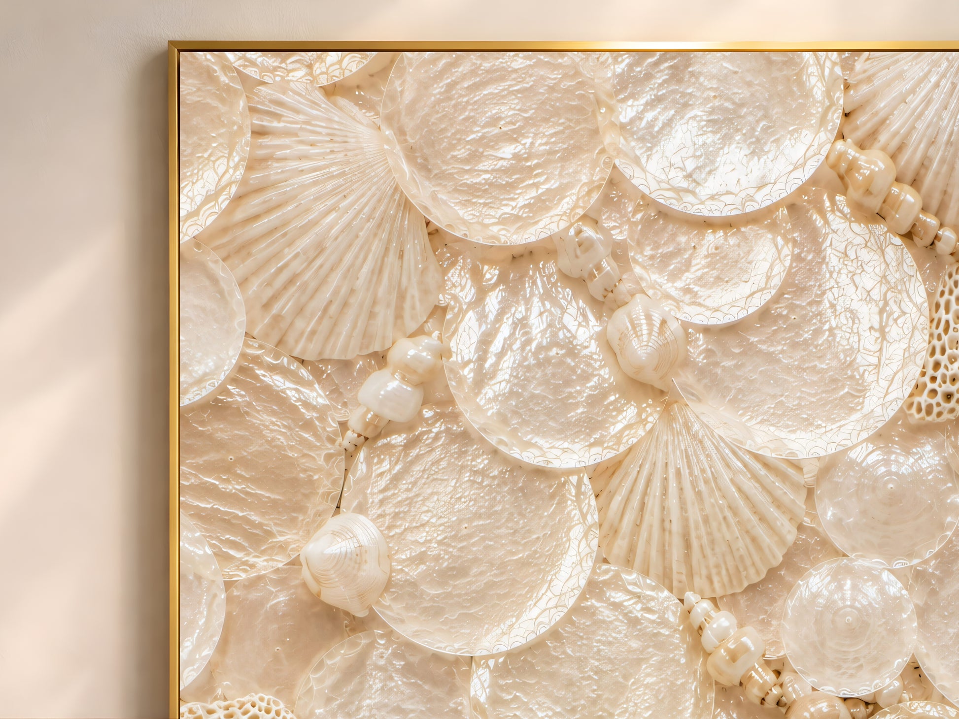 Close-up of the ivory capiz mosaic showing beaded spiral shell strands and coral fragments in a thin gold frame.