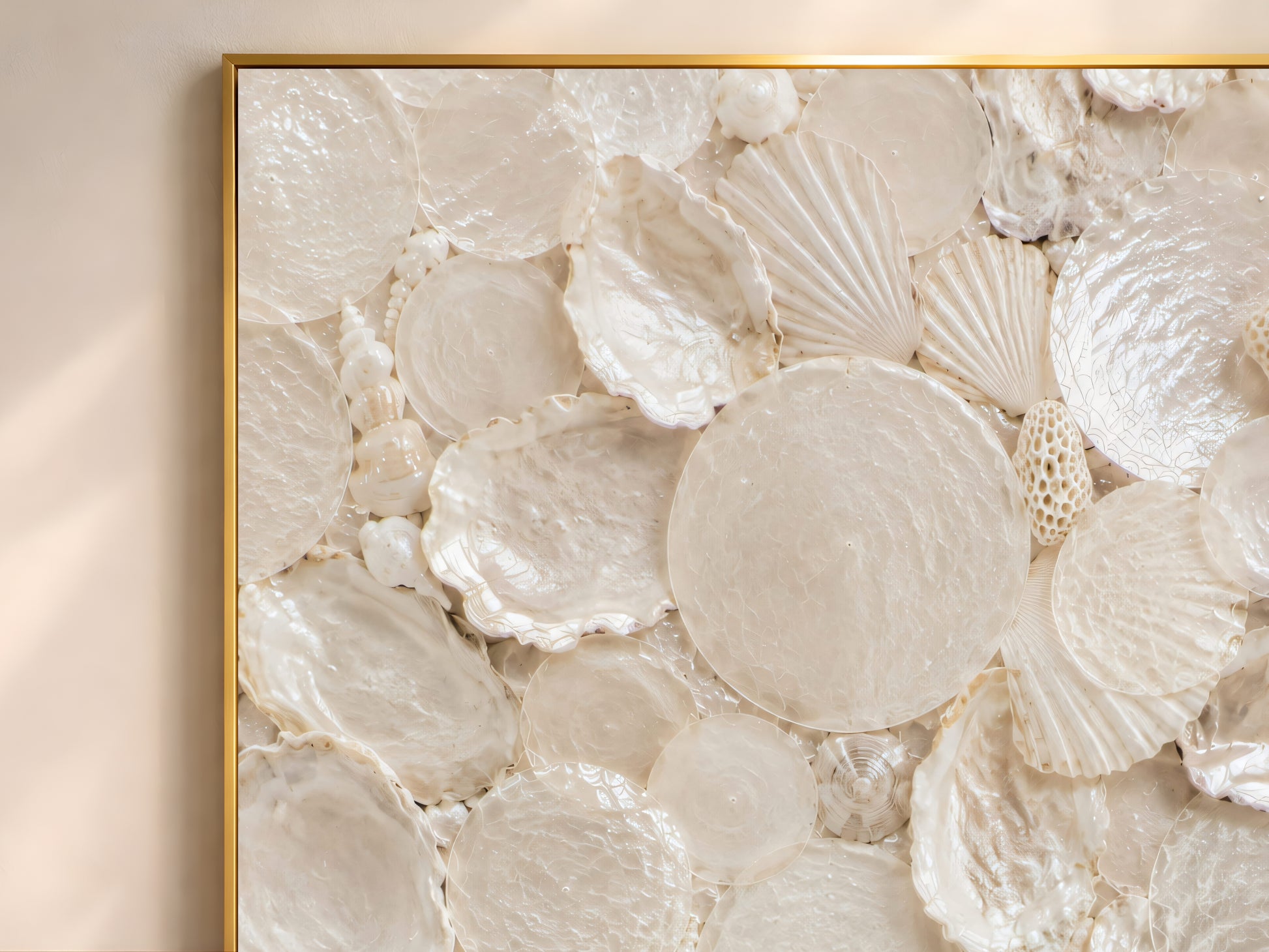 Close-up of the scallop shell, capiz, and coral mosaic print showing the layered natural texture in a thin gold frame.