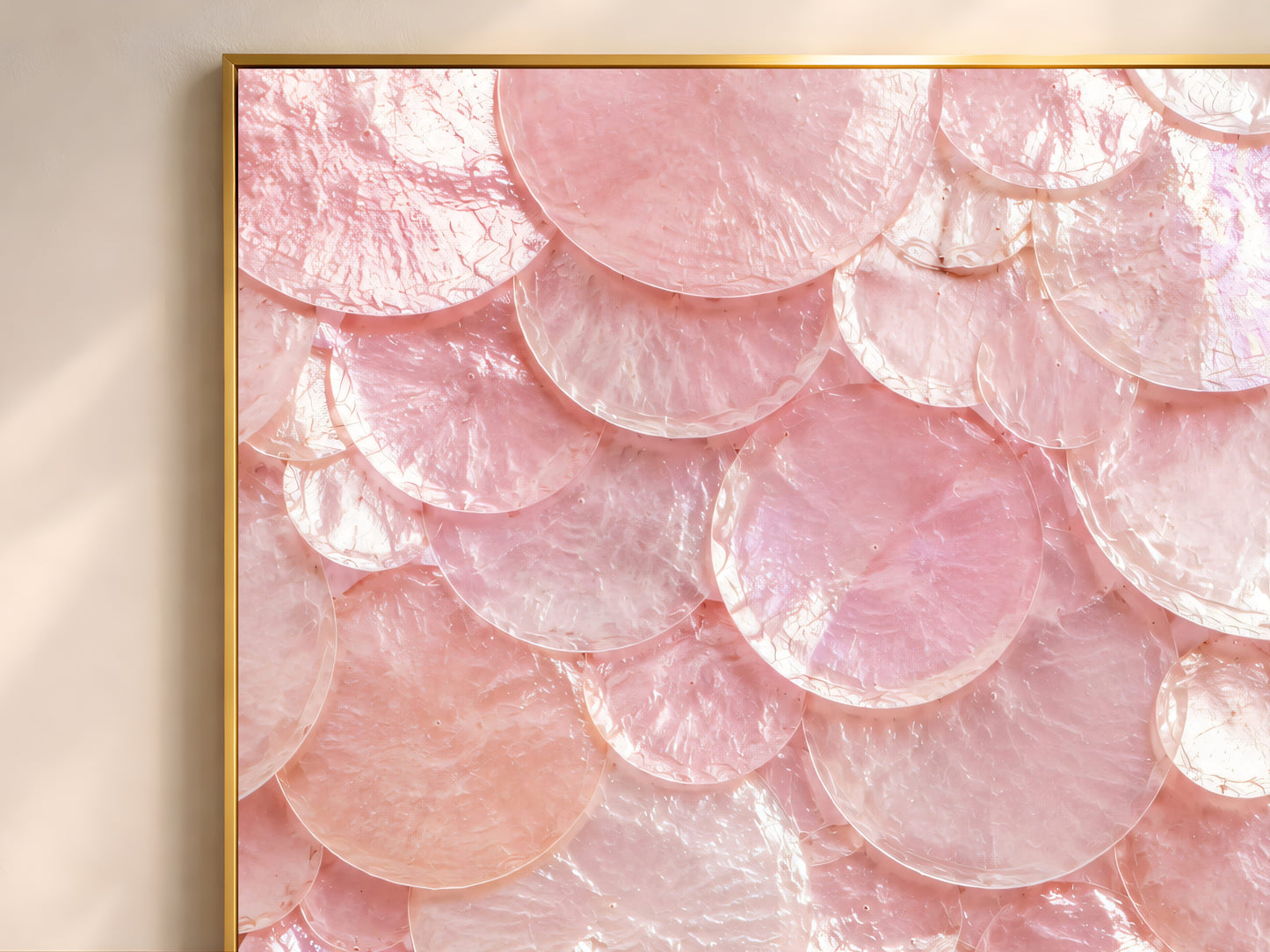 Close-up of the blush and rose capiz shell mosaic print showing the iridescent layered texture in a thin gold frame.