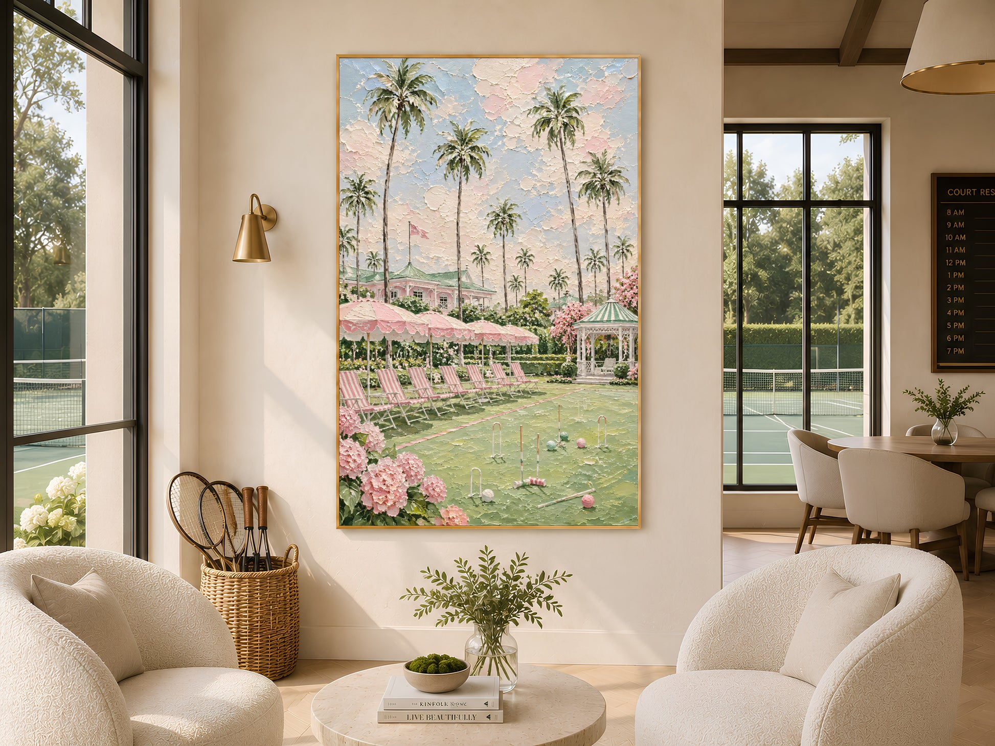 Pink preppy resort painting framed in a living room with white armchairs by a window
