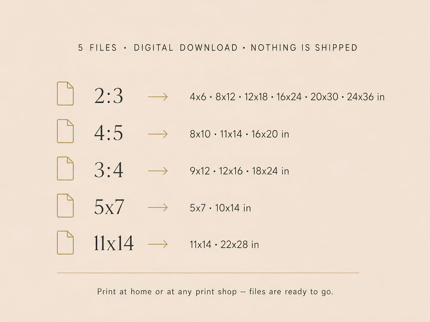 Infographic listing included file sizes and ratios for instant download Lake Como wall art print.
