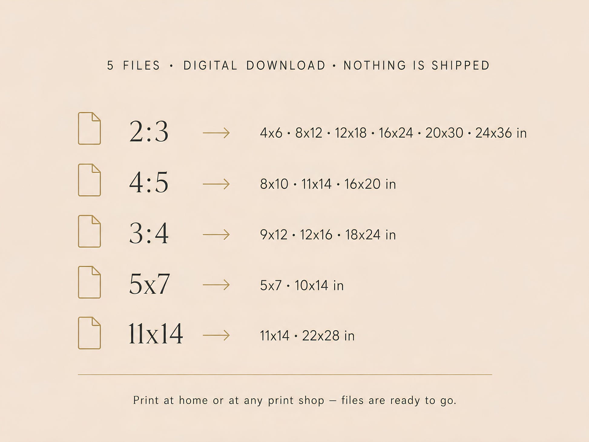 Infographic listing included file sizes and ratios for instant download Lake Como wall art print.
