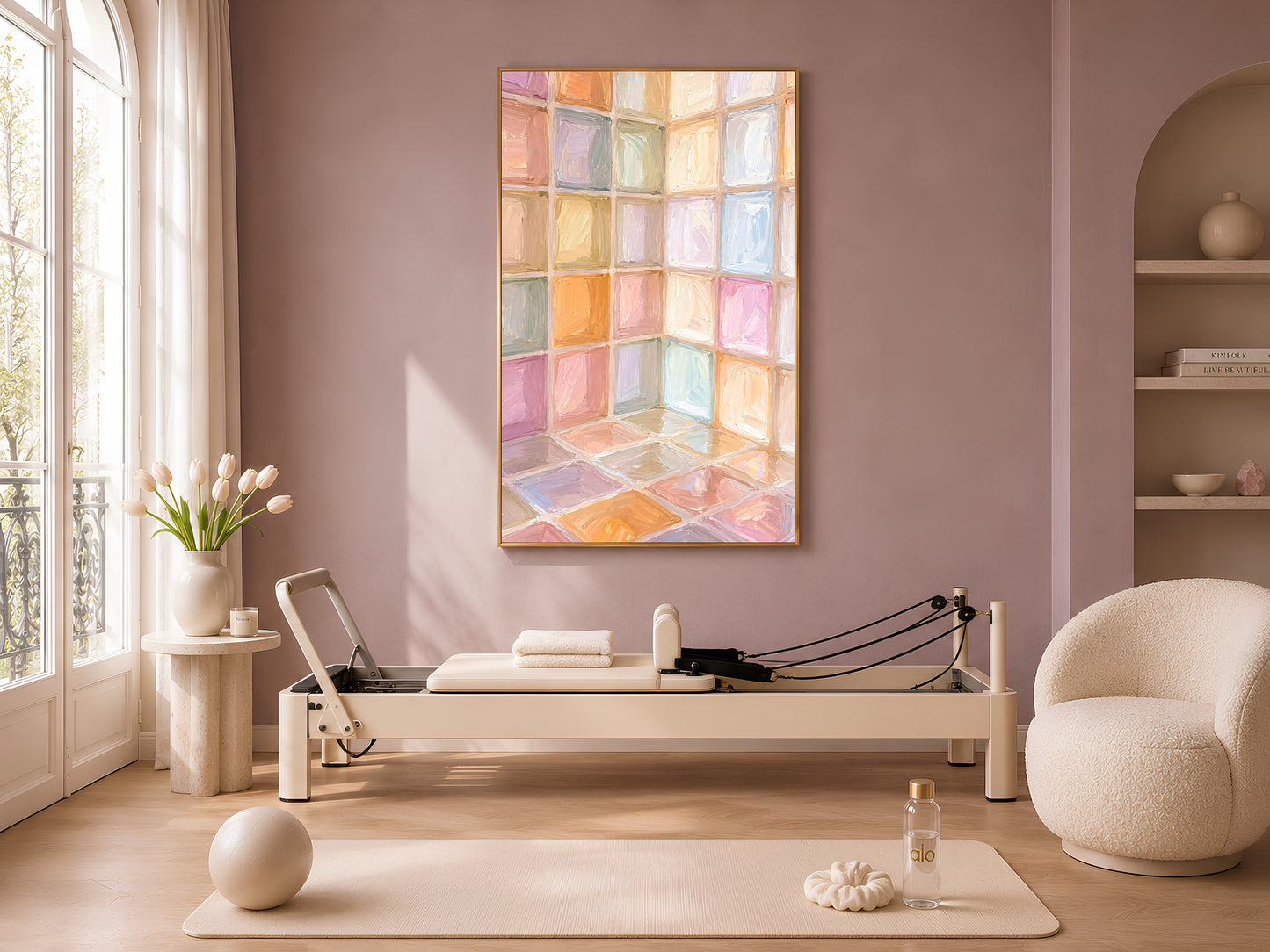 Rainbow pastel mosaic tile print in gold frame in bright living room with curved armchair and neutral accessories
