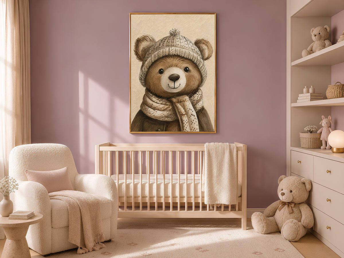 Winter teddy bear wall art with knit hat above a neutral wooden crib