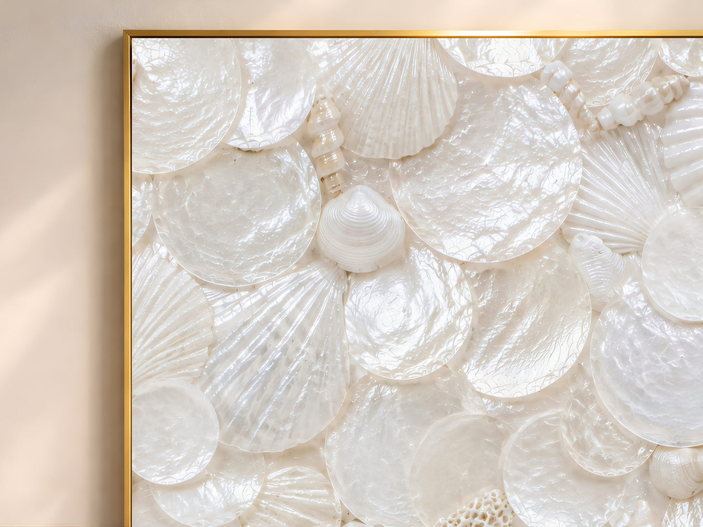 Close-up of the iridescent capiz and mother of pearl shell mosaic print showing the layered texture and pearlescent finish, framed in gold.