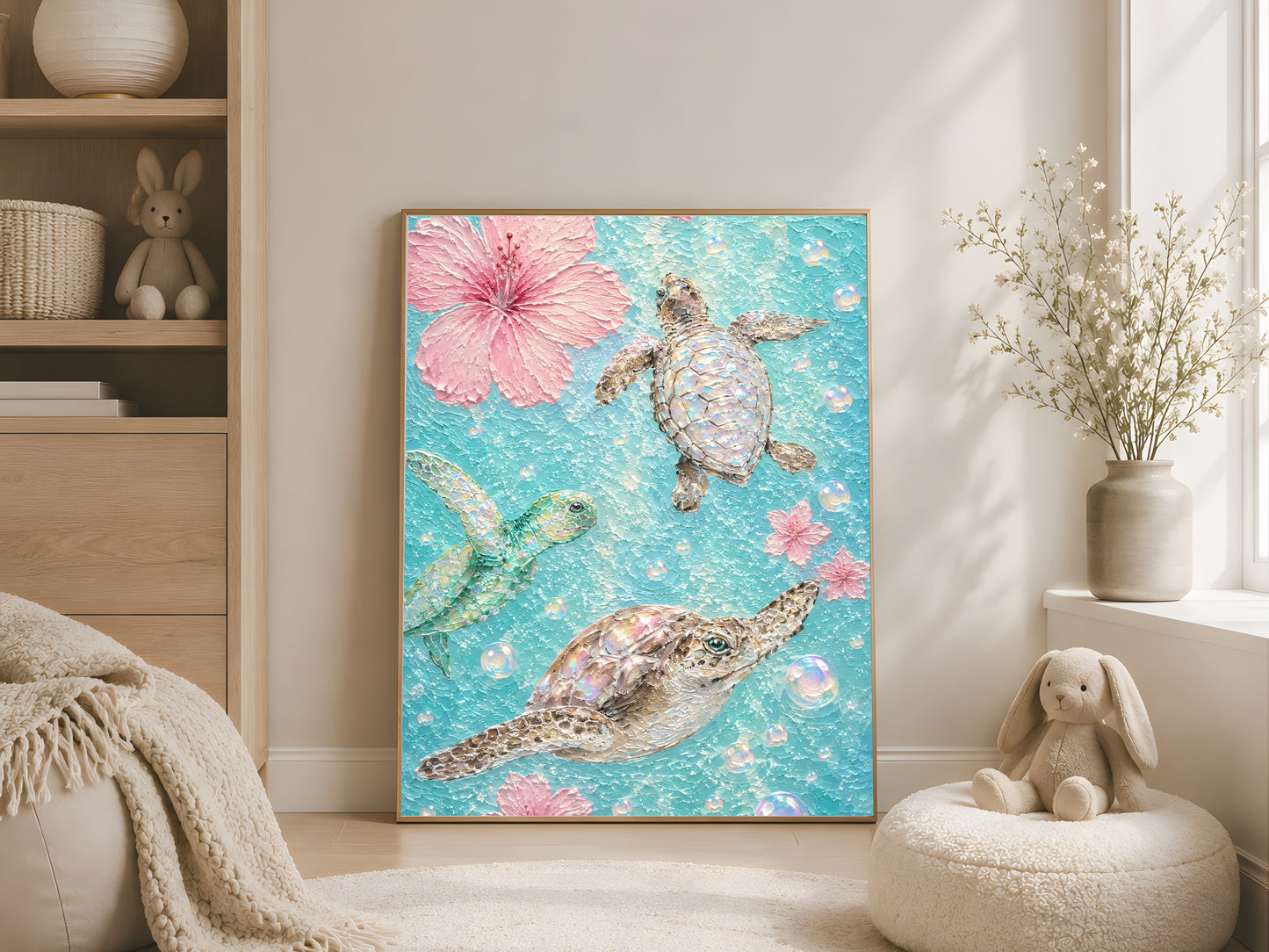 Gold-framed sea turtle and pink hibiscus impasto print in a bright neutral nursery with a white crib, soft linen throw, and warm natural light
