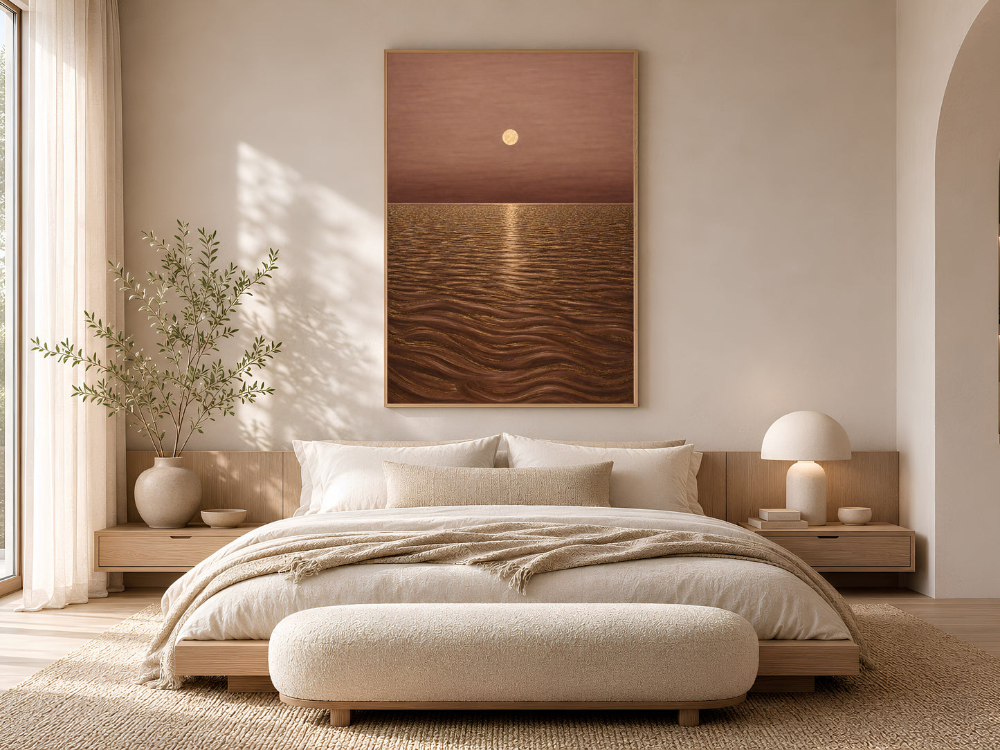 Moonlit ocean print above bed in warm neutral minimalist bedroom
