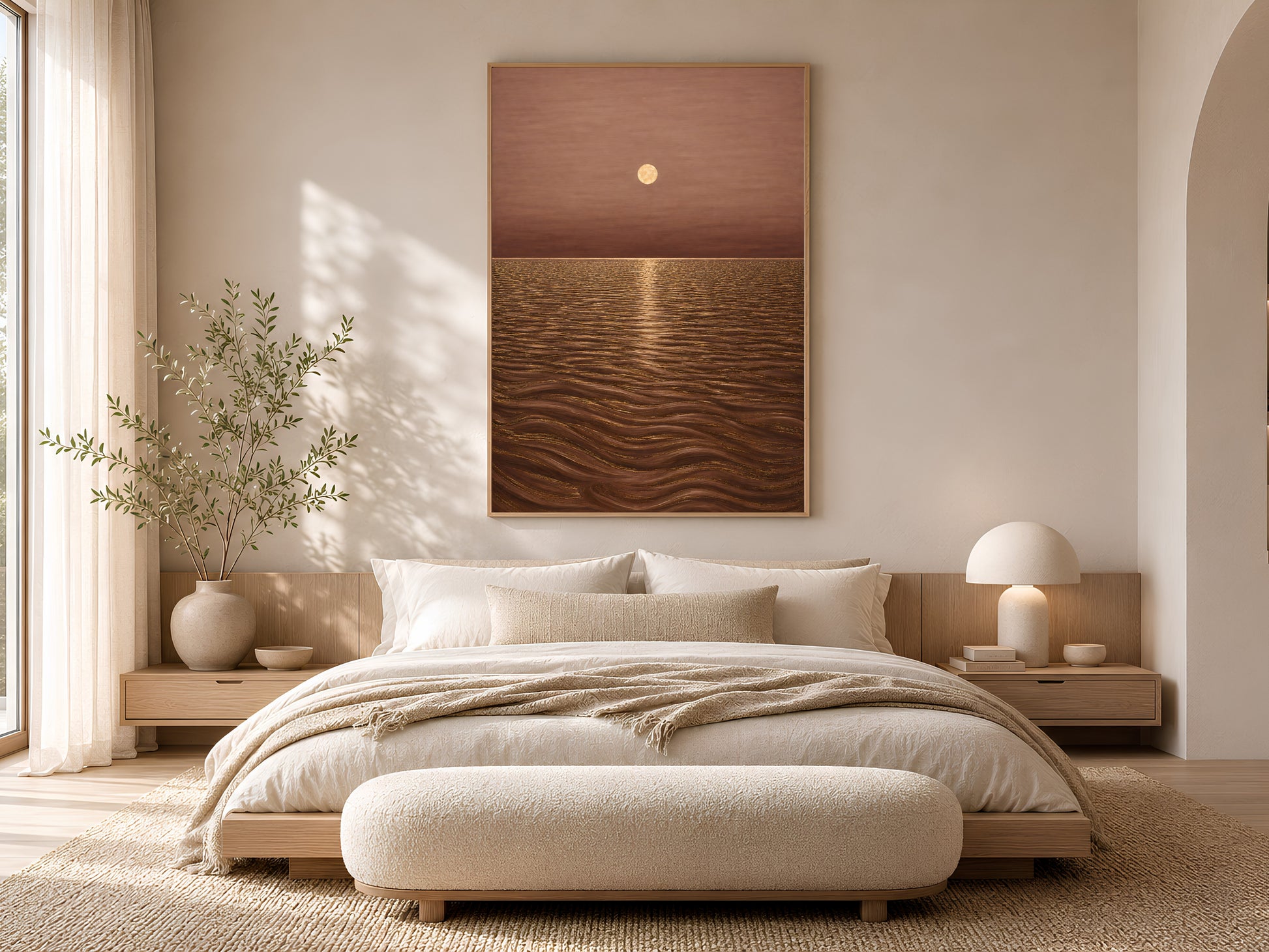 Moonlit ocean print above bed in warm neutral minimalist bedroom
