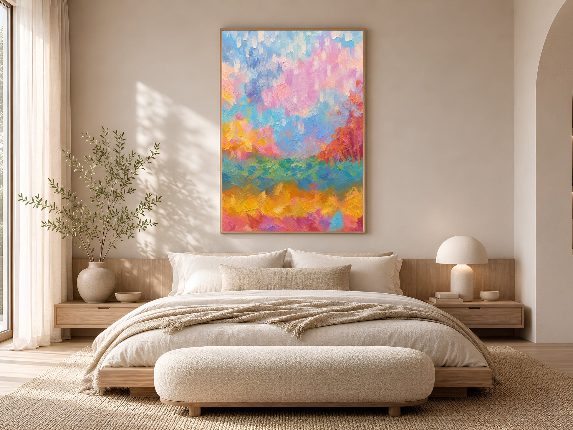 Rainbow abstract landscape wall art above bed in warm neutral minimalist bedroom
