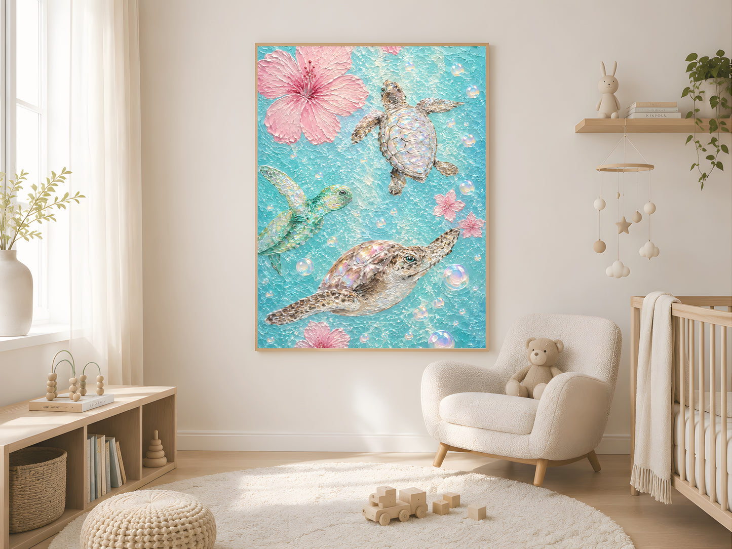 Gold-framed pastel sea turtle and hibiscus wall art in a bright minimalist nursery with a white armchair, floating shelves, and soft natural light
