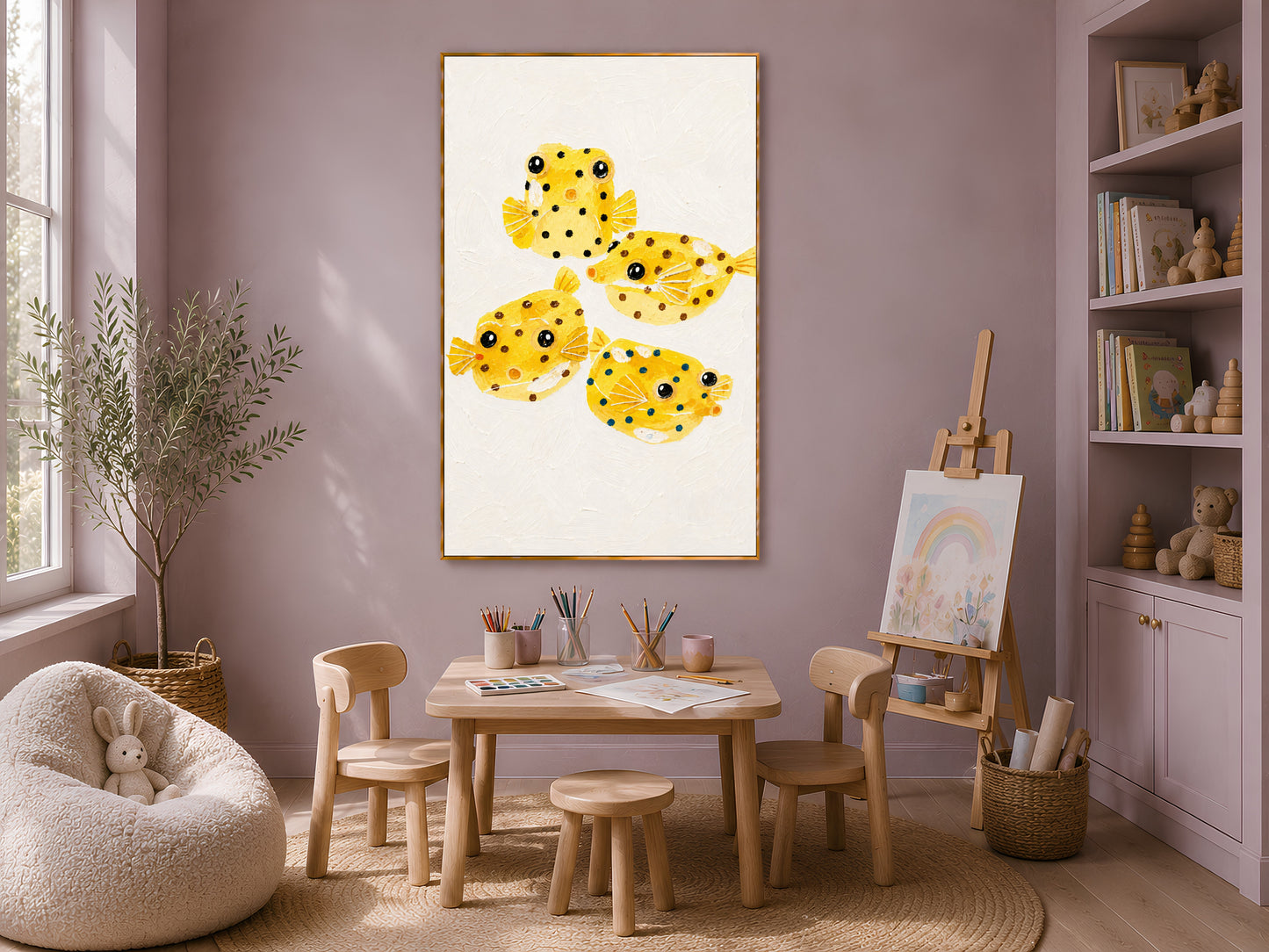 Yellow boxfish painting framed in a kids' craft room with a beanbag and small table
