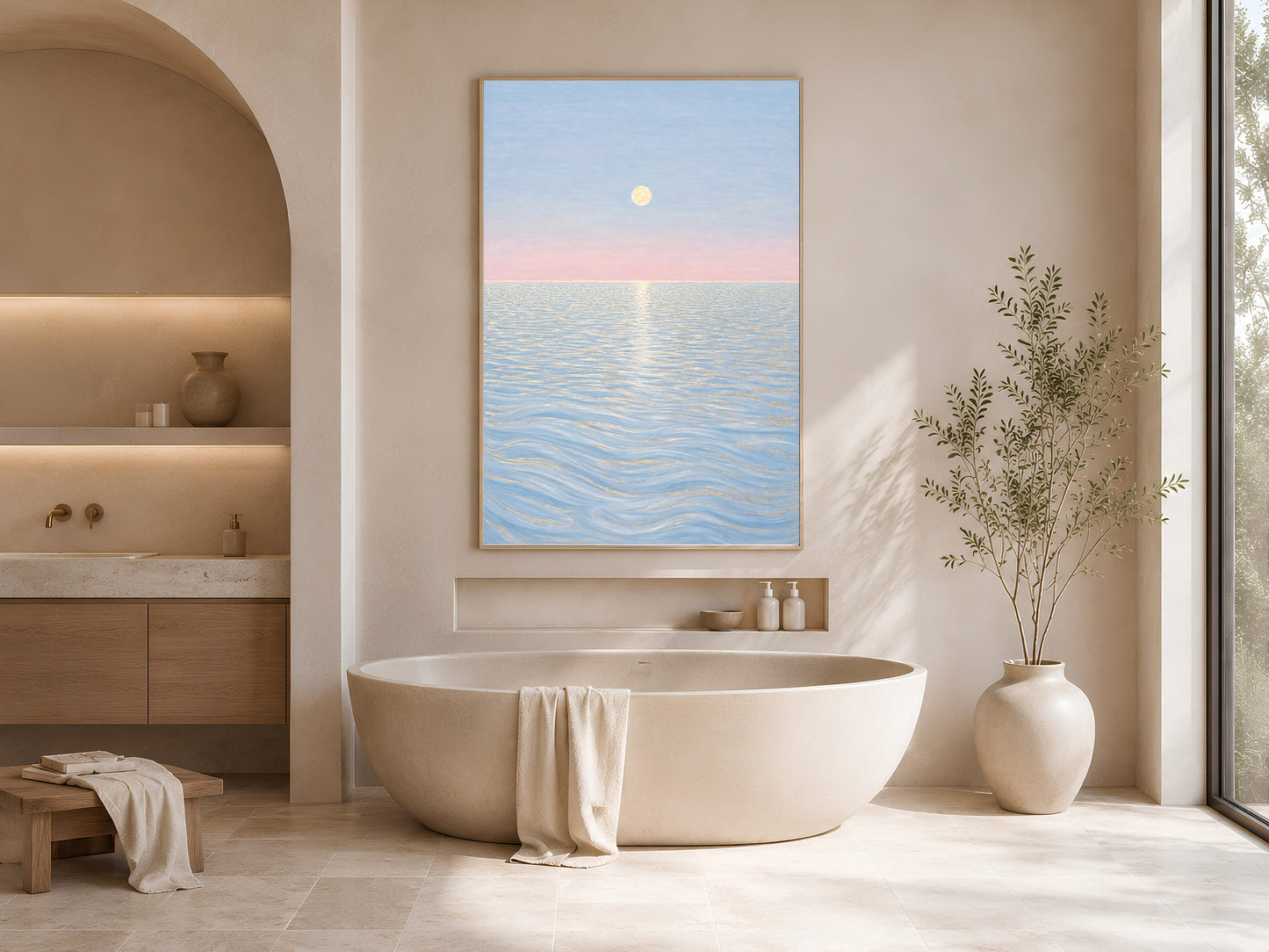 Pastel moon ocean wall art framed above bathtub in arched alcove spa bathroom
