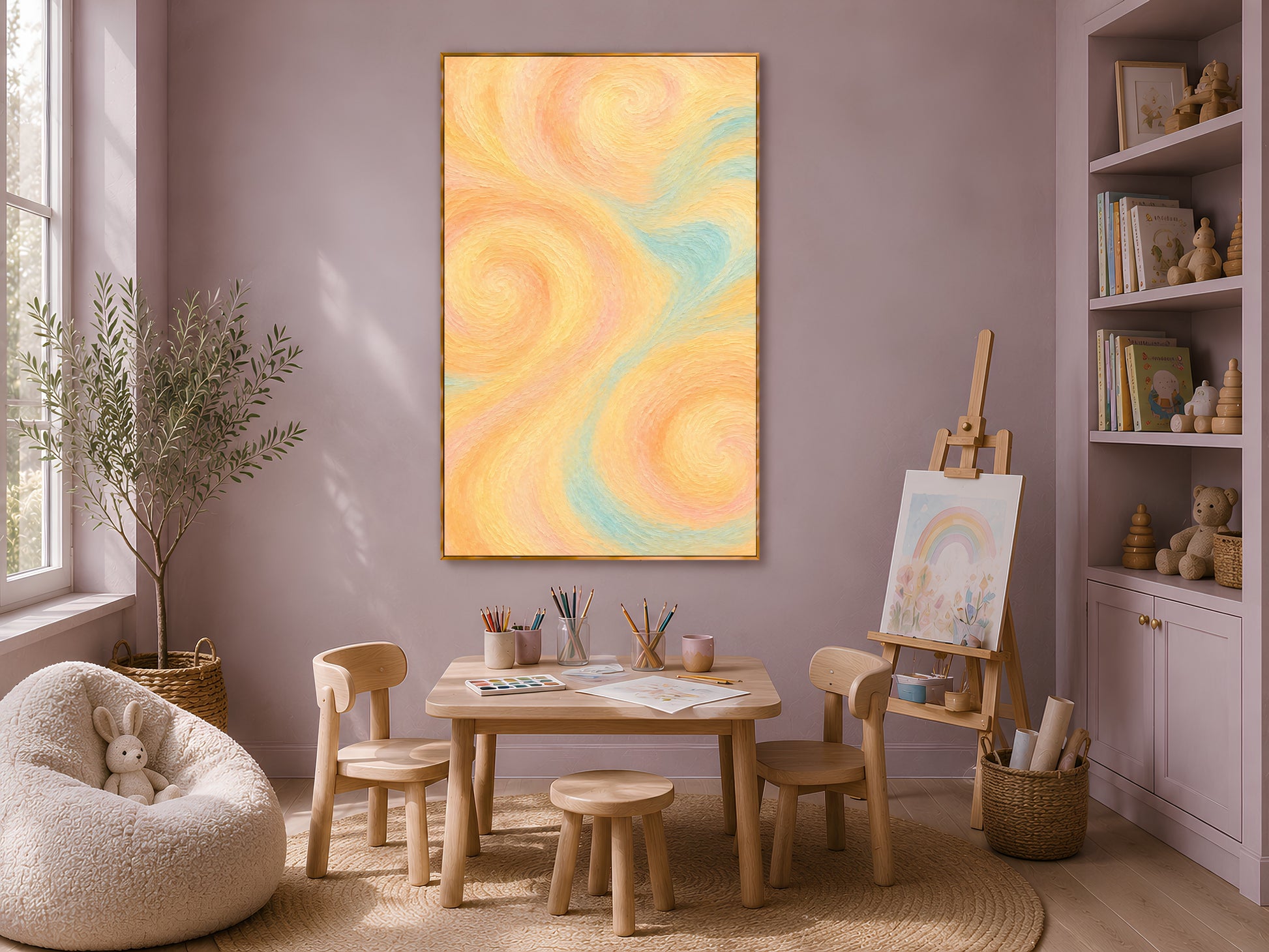Butter yellow abstract swirl art framed in a kids' craft room with a beanbag and easel
