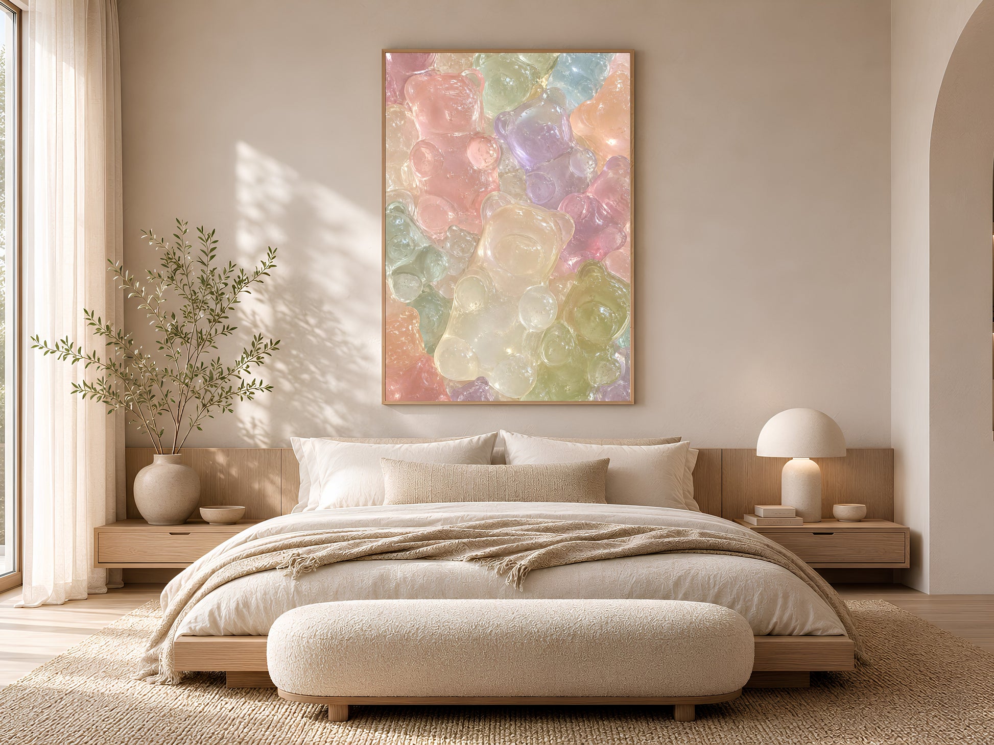 Pink Glass Bear Wall Art Above Bed, Pastel Gummy Bear Print for Modern Bedroom Decor