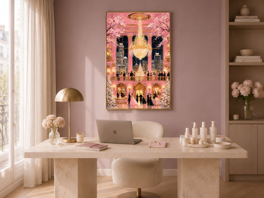 Pink fairytale ballroom chandelier print in gold frame in warm home office above white desk with lamp and candles
