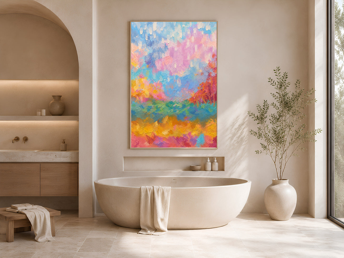 Rainbow abstract landscape wall art framed above bathtub in sunlit bathroom with window
