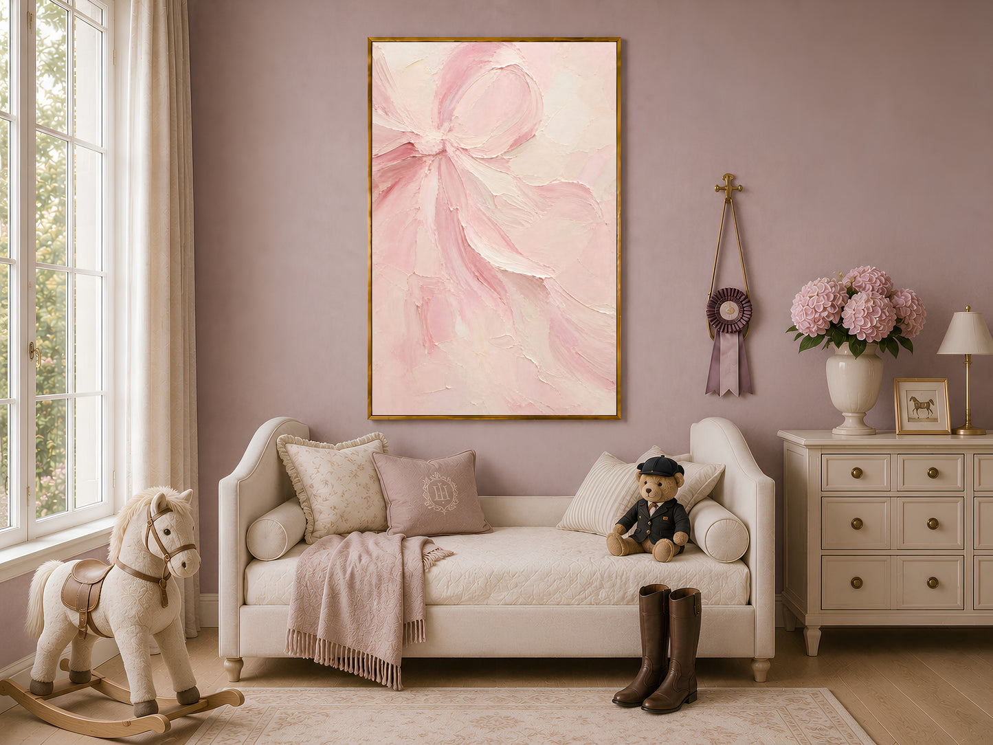 Pink bow wall art print framed above a daybed in a soft neutral nursery