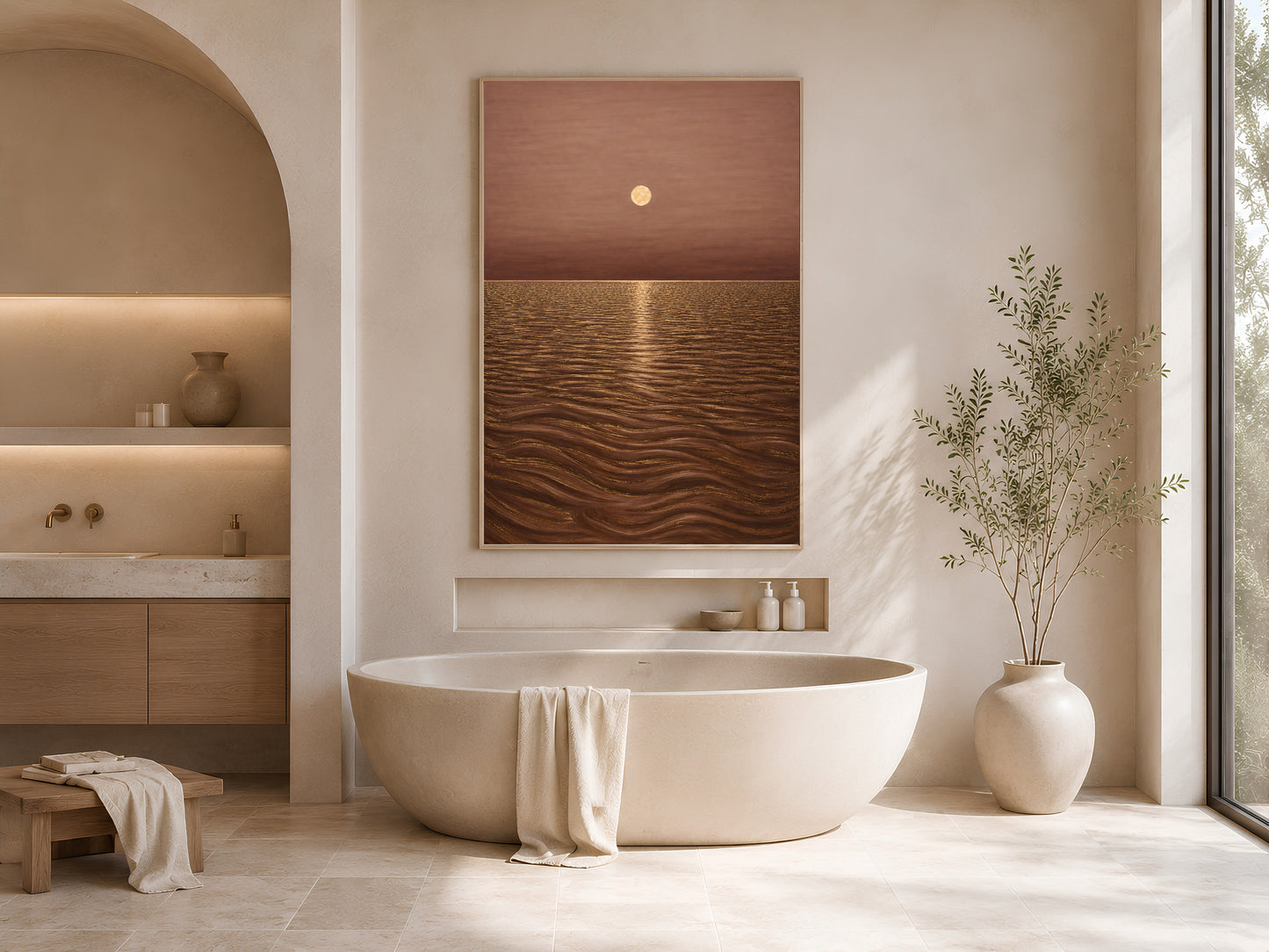 Moonlit ocean print framed above bathtub in arched alcove spa bathroom
