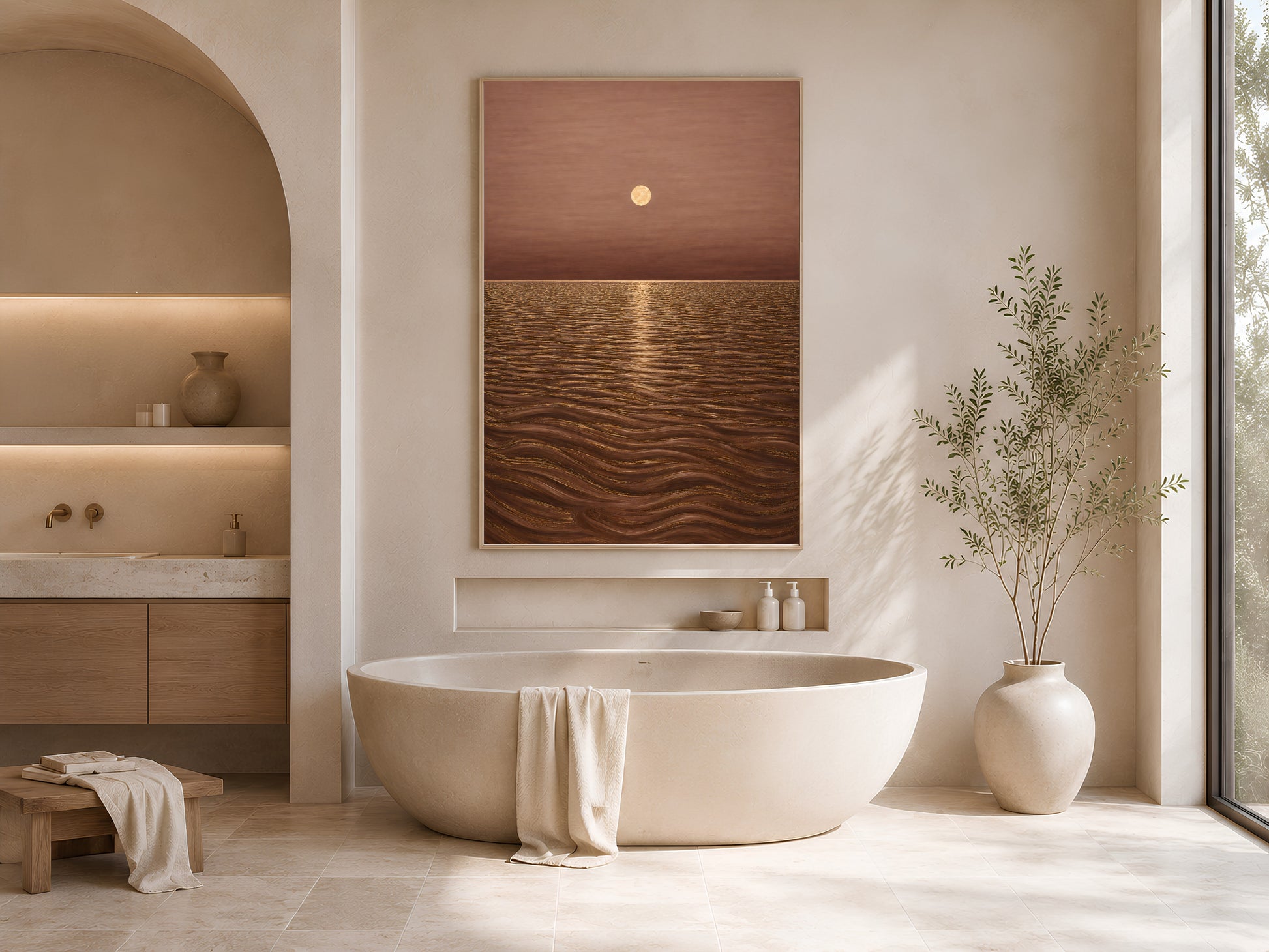 Moonlit ocean print framed above bathtub in arched alcove spa bathroom
