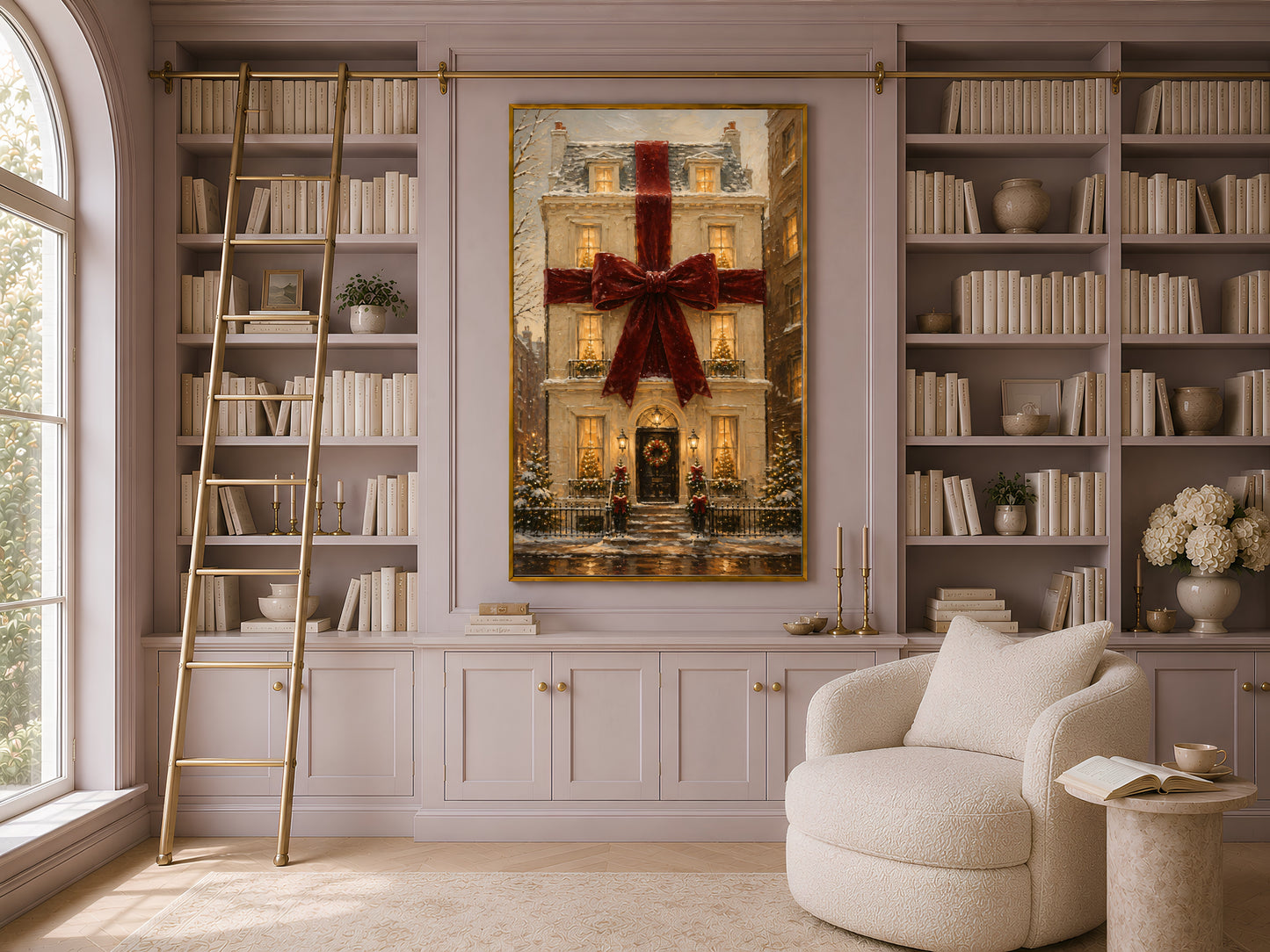 Built-in bookshelf nook with the Christmas house print centered between ladder shelving and a cream armchair