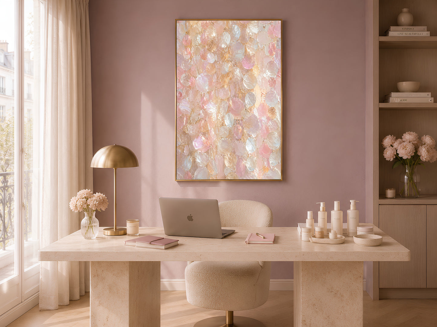Capiz shell wall art print in a gold frame above a stone desk in a soft pink room with a brass lamp and white ceramic bottles

