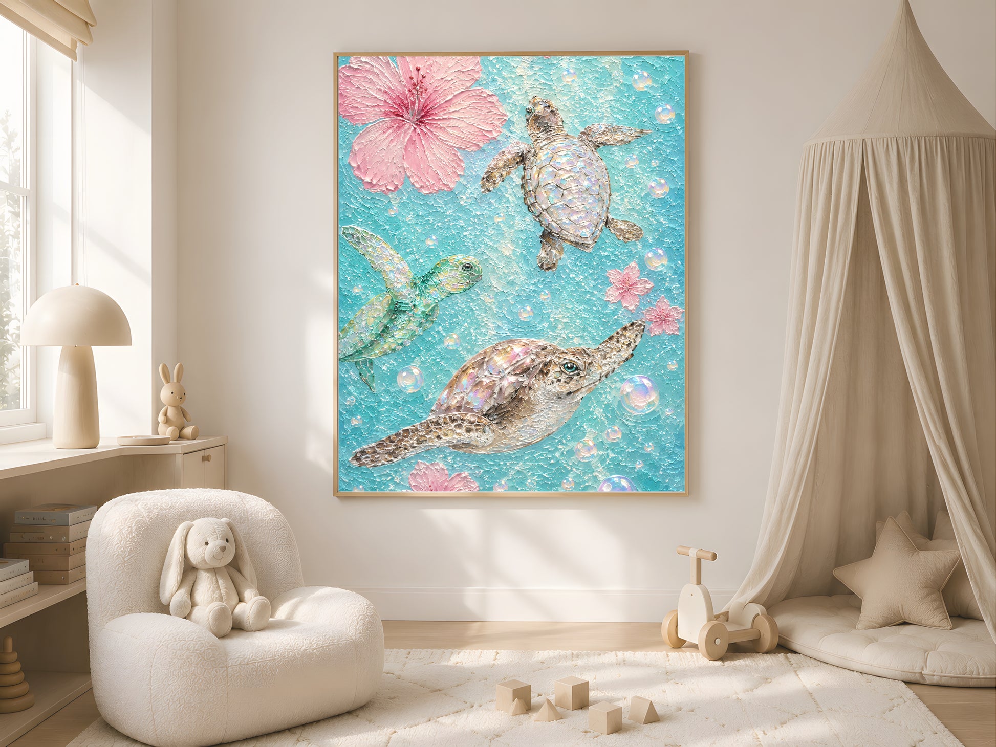 Sea turtle hibiscus impasto print in a gold frame in a soft neutral bedroom with a cream curved sofa, sheer white curtains, and warm natural light
