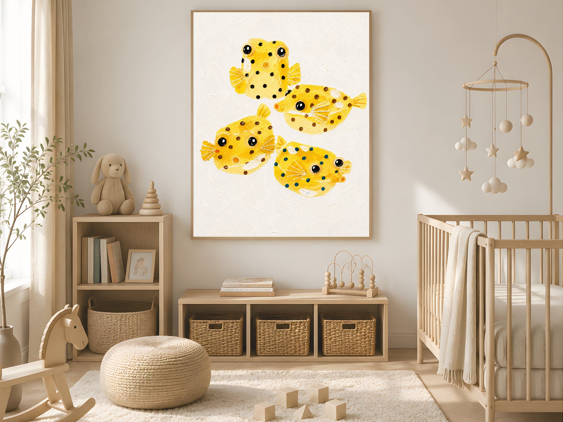Framed impasto yellow boxfish wall art on white wall in neutral boho nursery with crib, teepee, and wicker storage baskets
