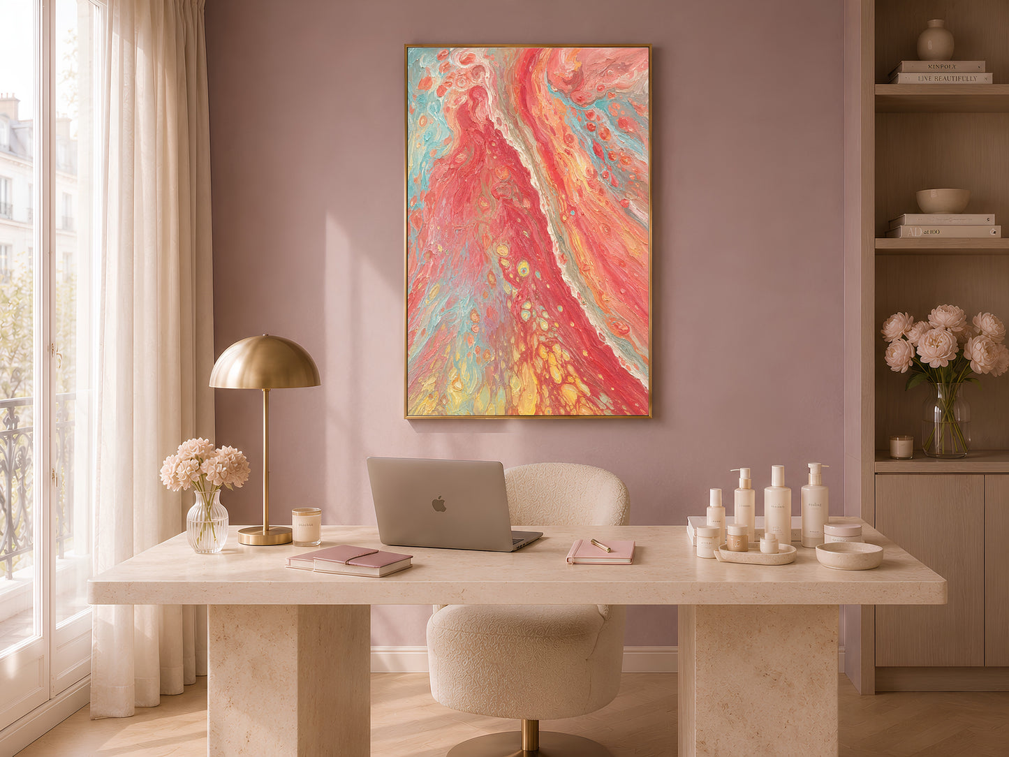 Coral red abstract swirl wall art in gold frame in warm home office above marble desk with candles and neutral vases

