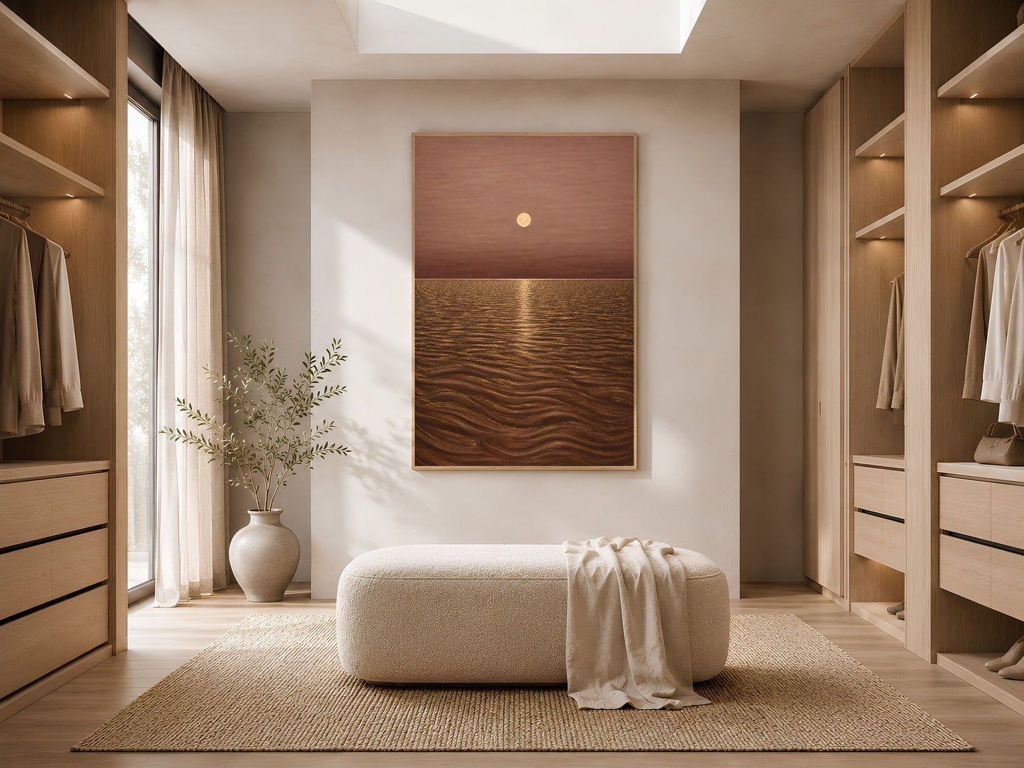 Golden moon ocean wall art framed in walk-in closet with bench seating
