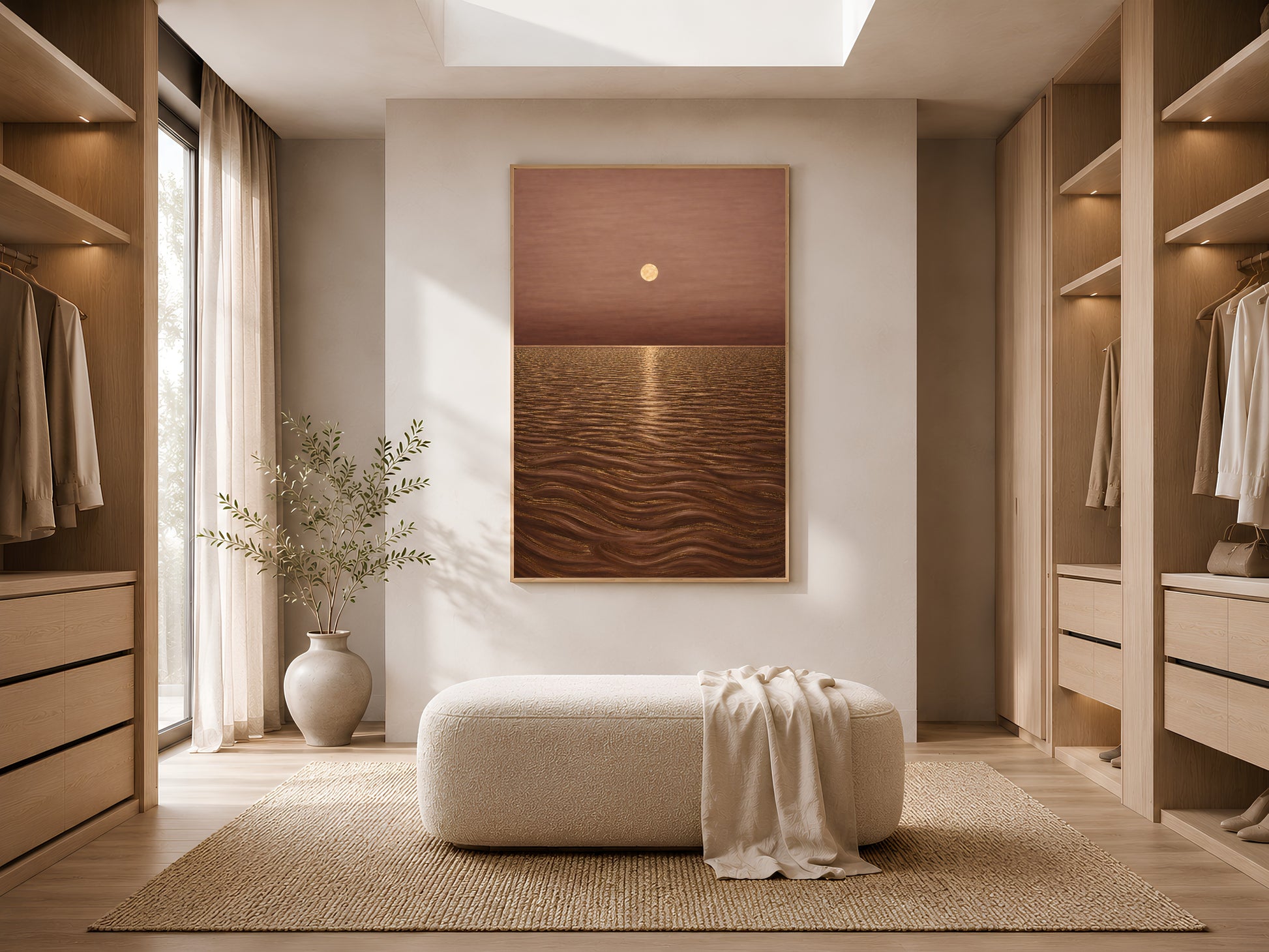 Golden moon ocean wall art framed in walk-in closet with bench seating
